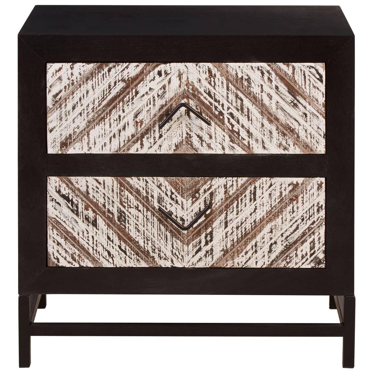 Two drawer wooden bedside table with chevron pattern and dark frame