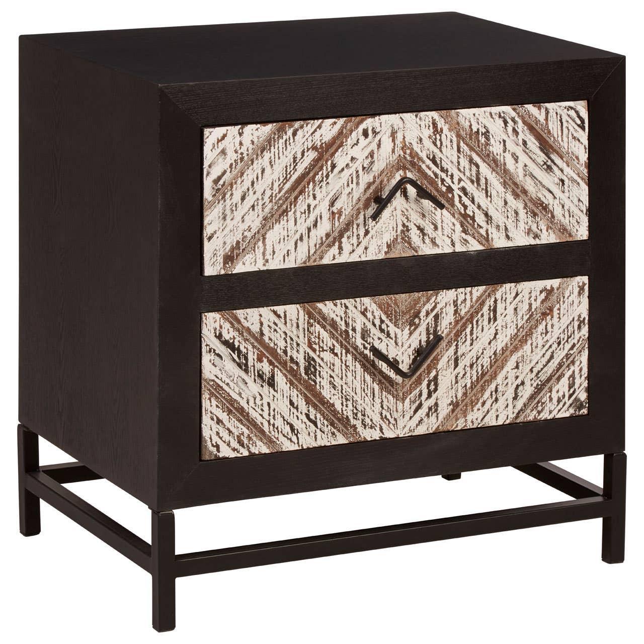 Two drawer wooden bedside table with chevron pattern and black metal base