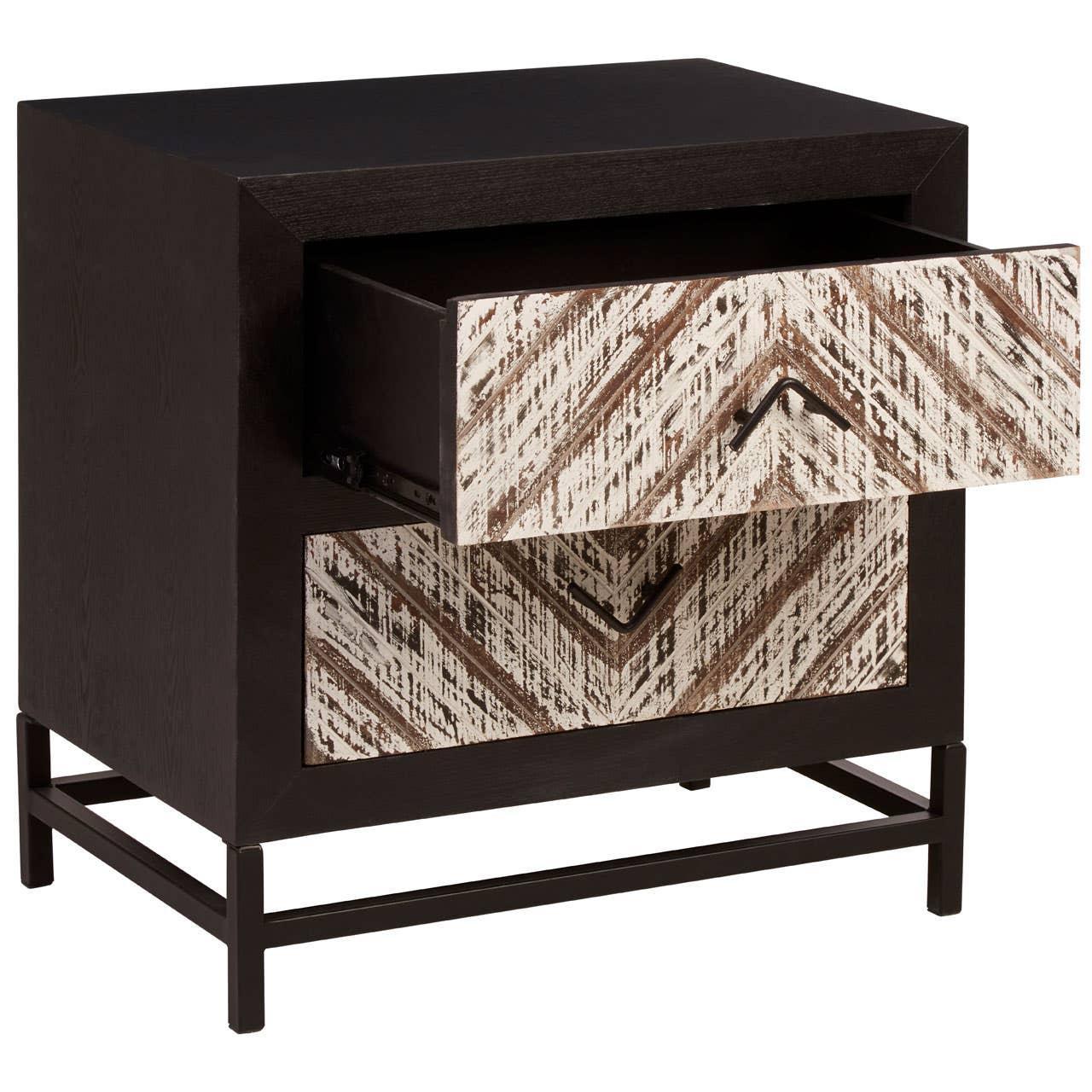 Modern bedside table with two chevron patterned drawers and dark wood frame, top drawer open