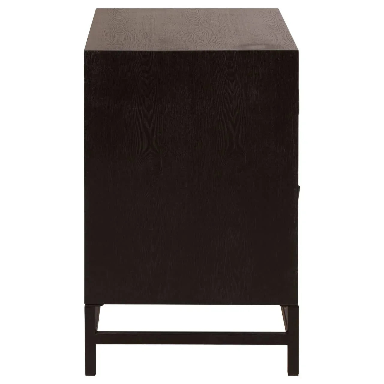 Side view of dark wood cabinet with visible grain and rectangular legs