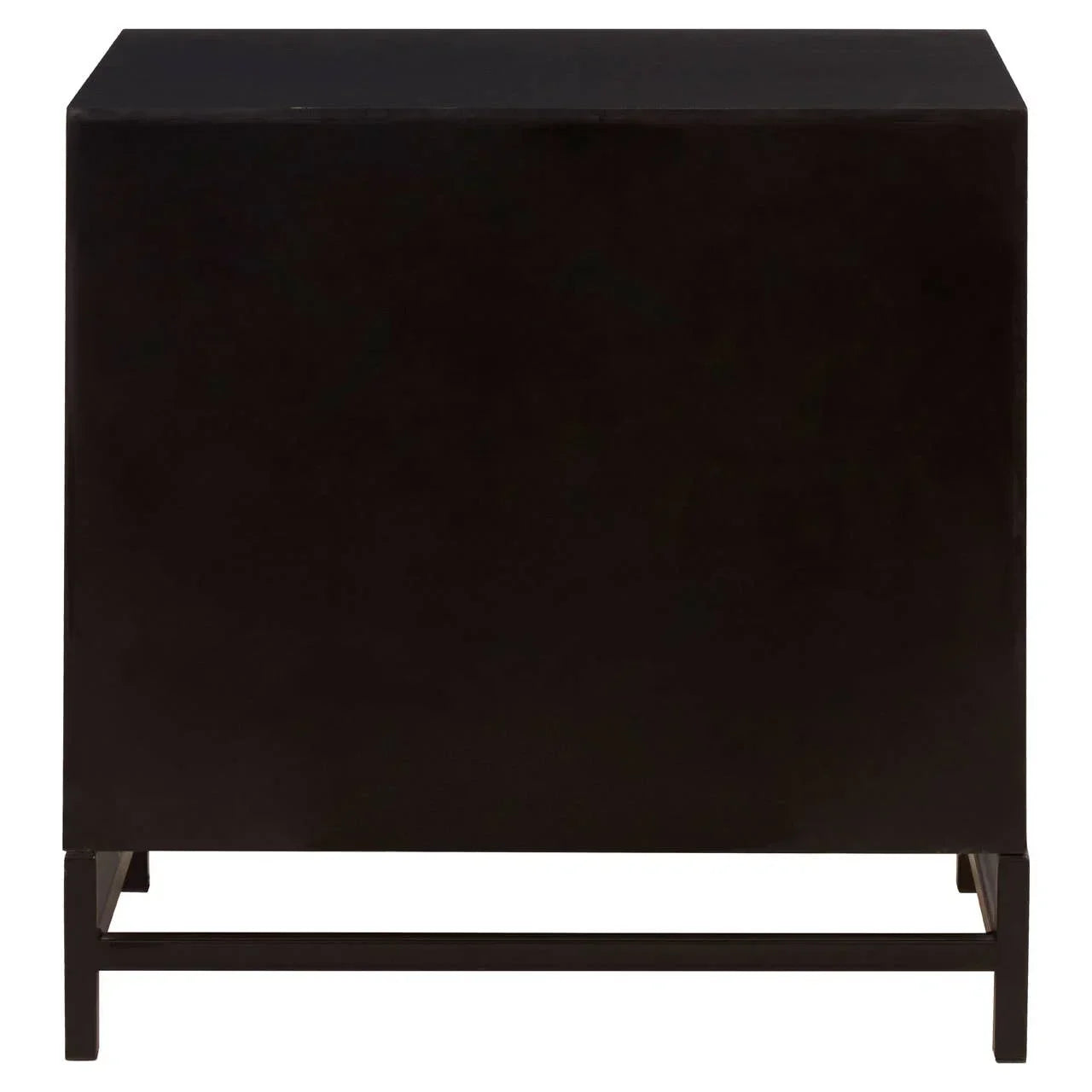 Modern black metal side table with rectangular silhouette and open base design
