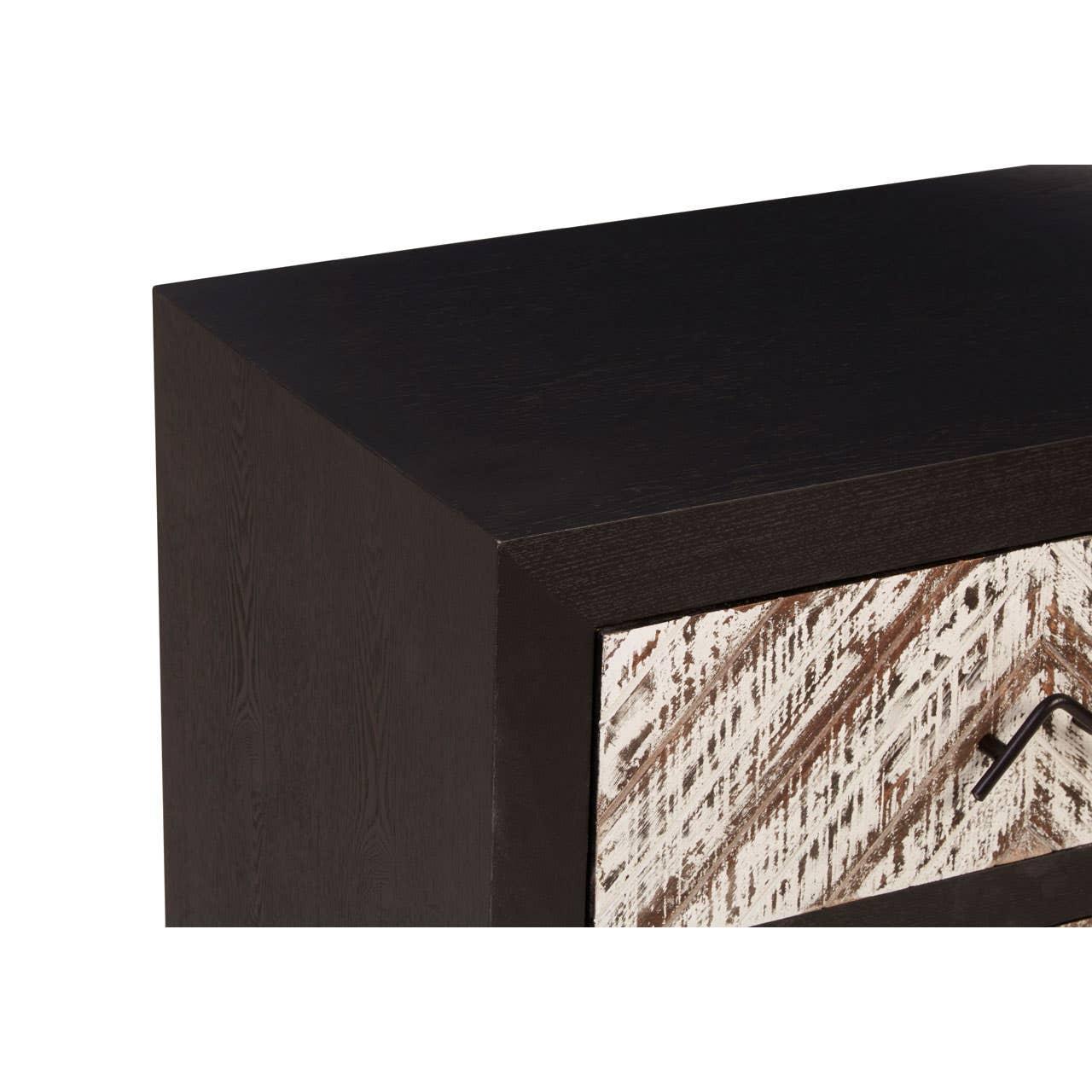 Dark wood sideboard with distressed chevron drawer detail and black metal handle