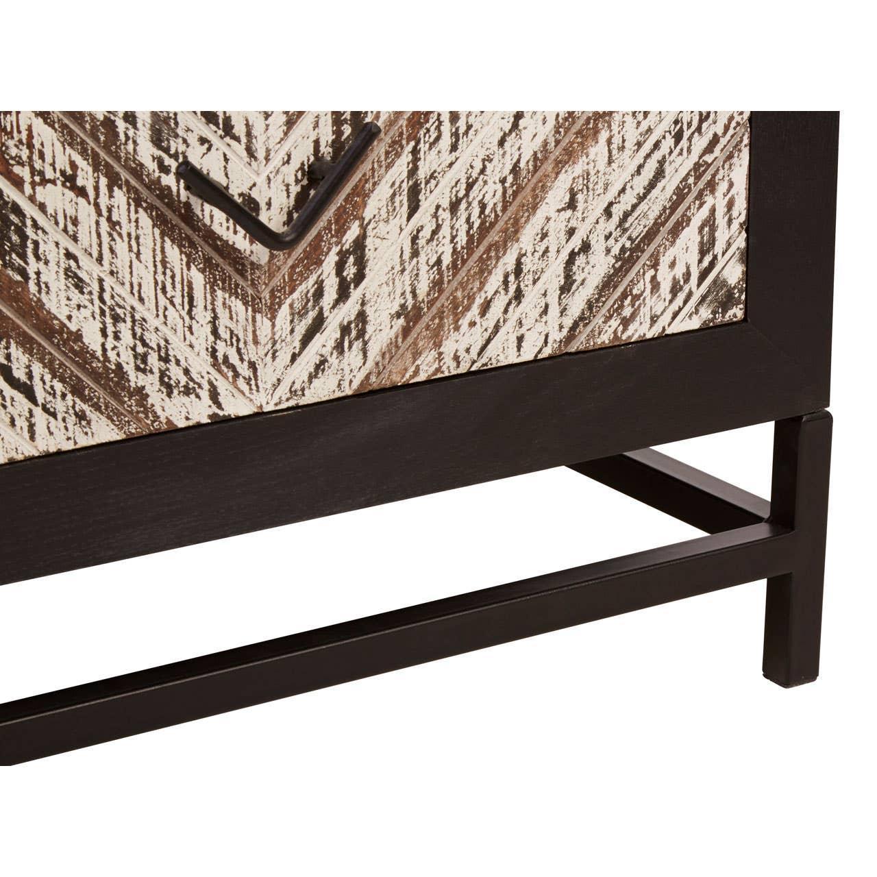 Wooden sideboard with chevron pattern and black metal handle on black base