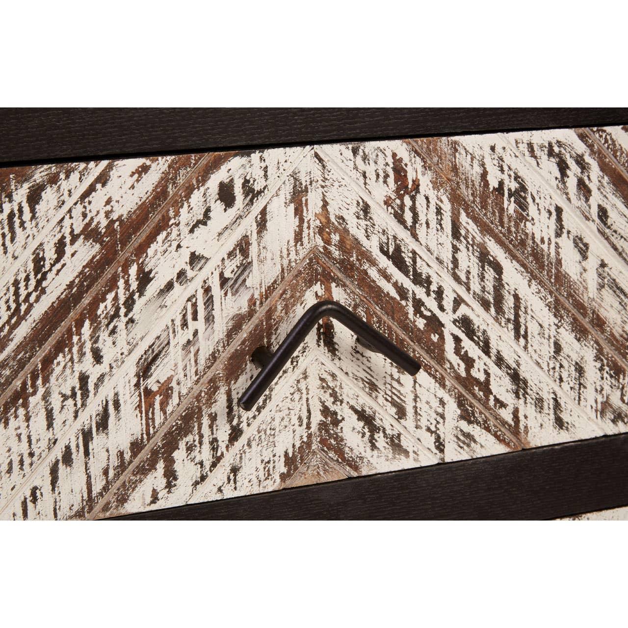Chevron patterned wood drawer front with black metal handle