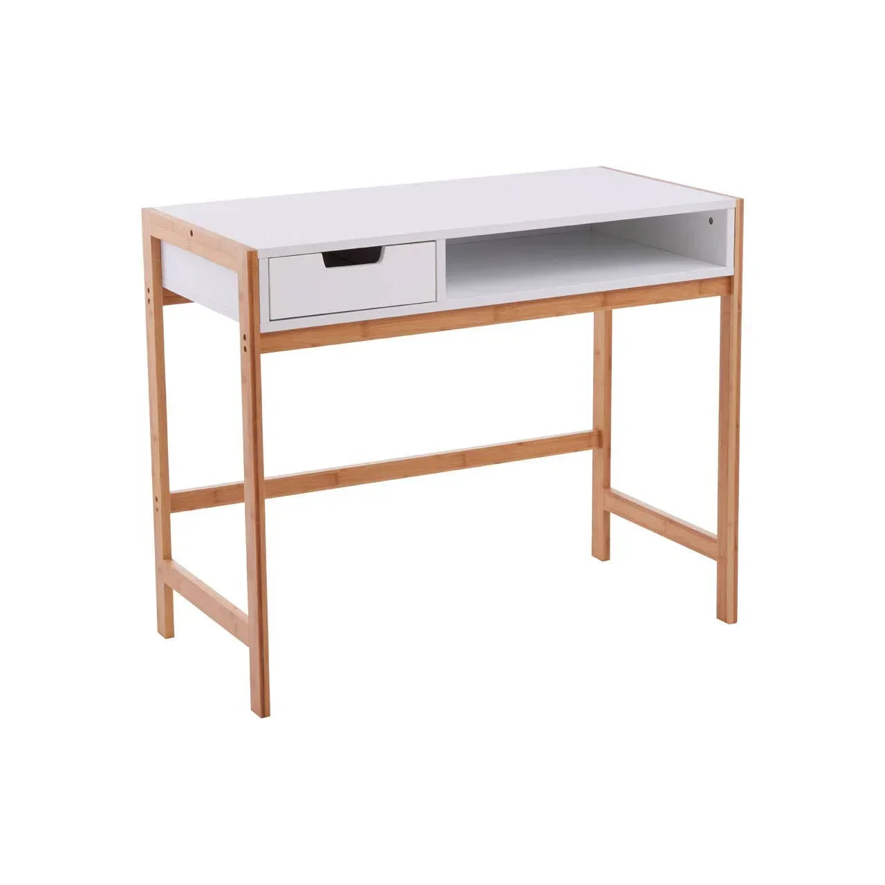 White desk with natural wood frame, single drawer and open shelf, front angle view