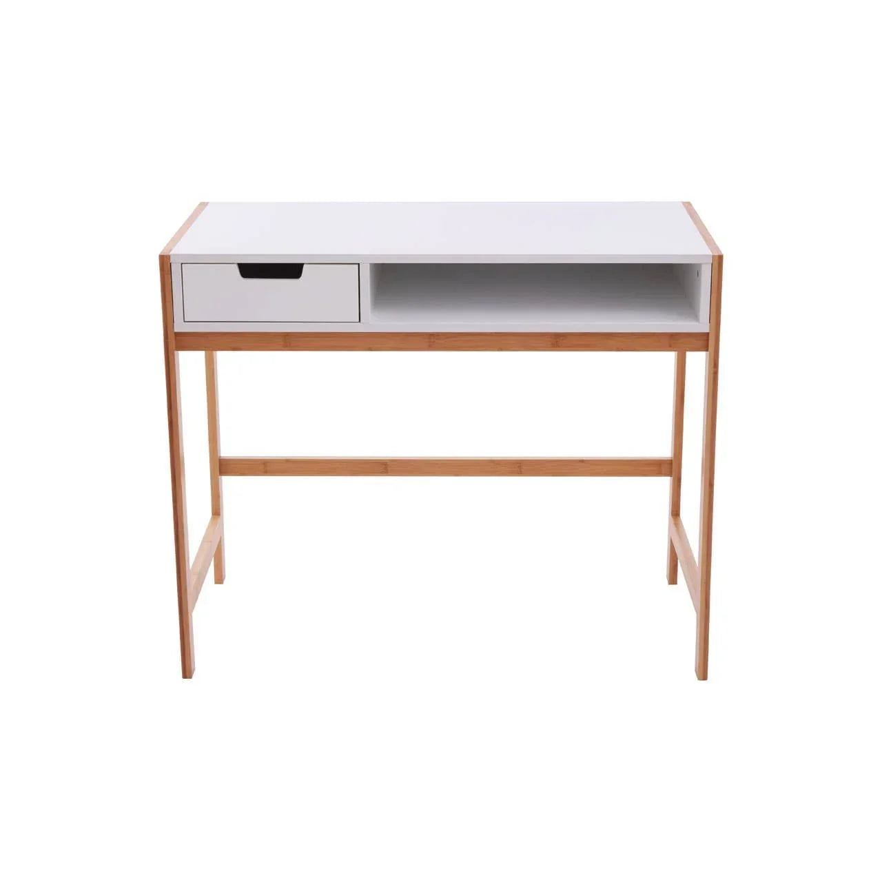 White and wood study desk with one drawer and open shelf, front view