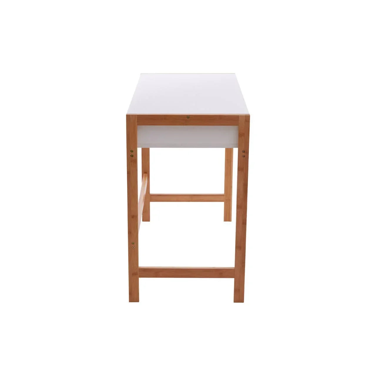 White tabletop wooden console table with natural finish legs, straight front view