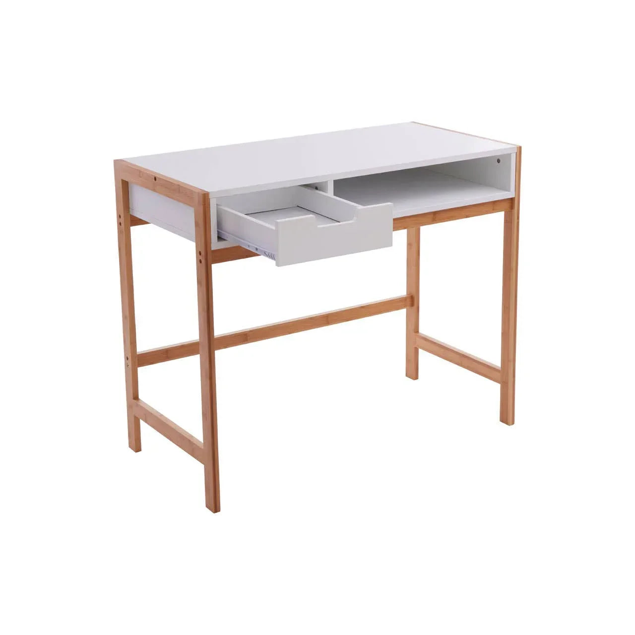 White wooden desk with open drawer and natural wood legs, modern study table