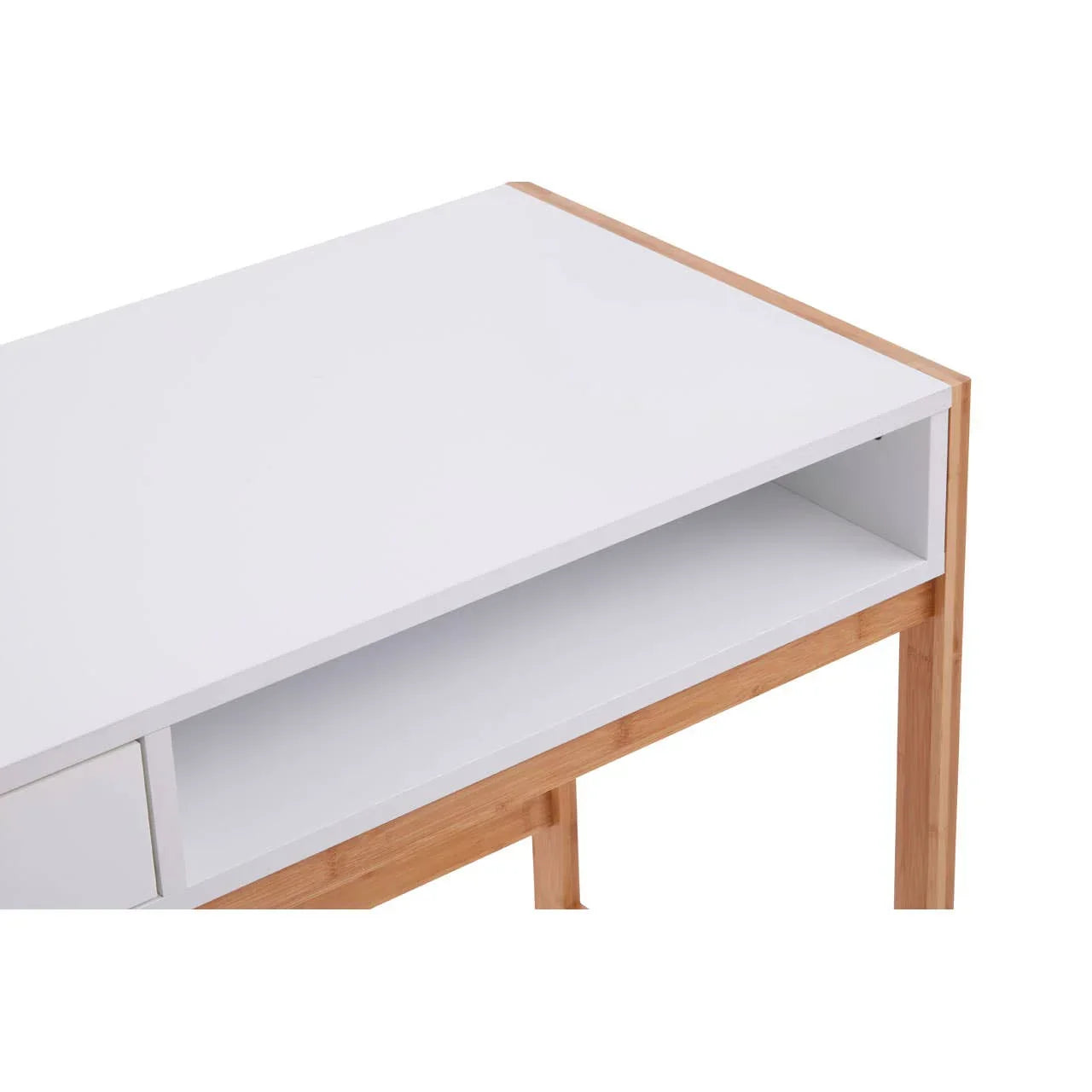 White office desk with open storage shelf and natural wood legs, angled close-up view
