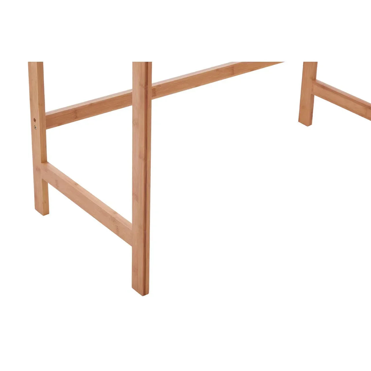 Natural wood table legs with horizontal support beam detail on white background
