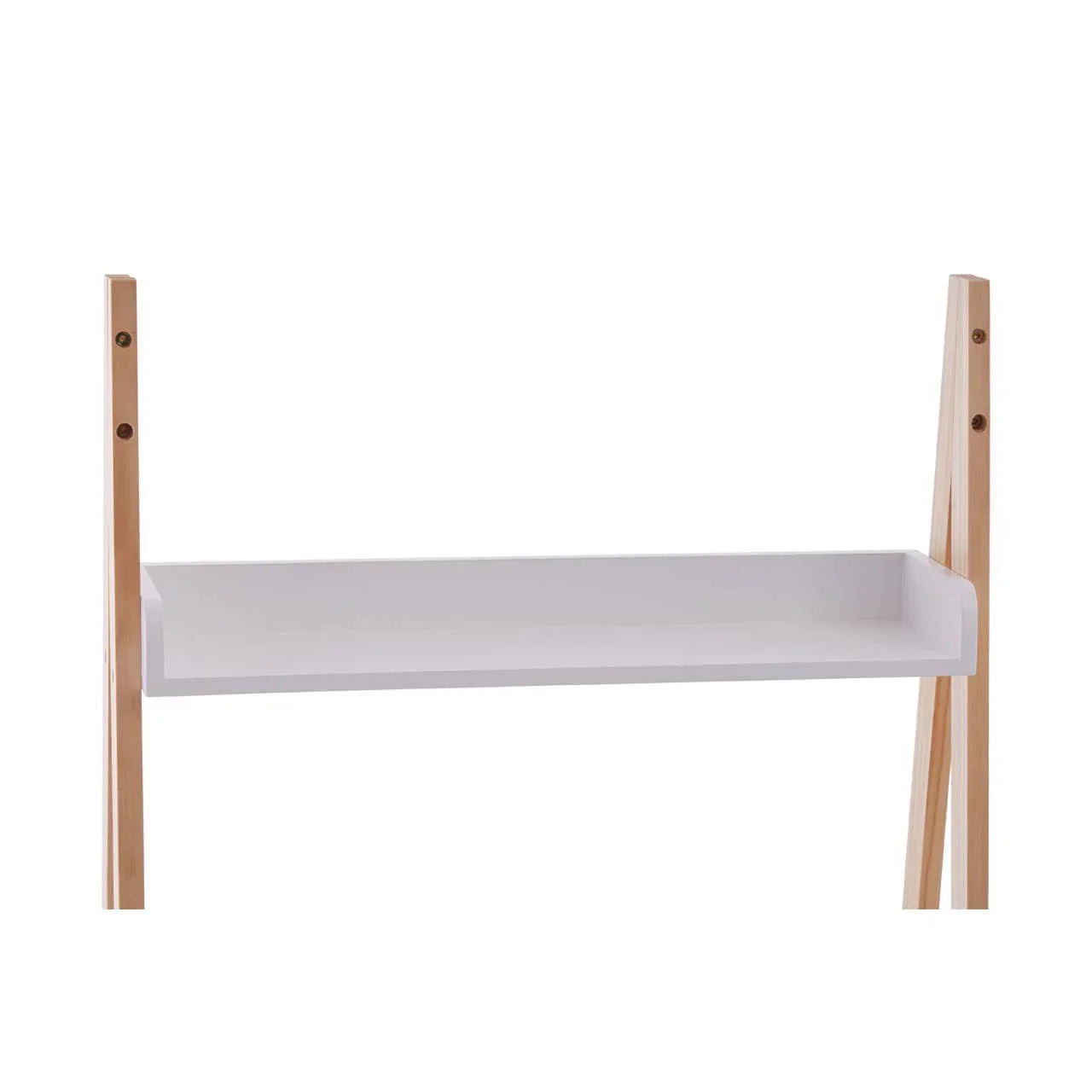 White wooden shelf with natural pine frame, viewed from the front against a white background