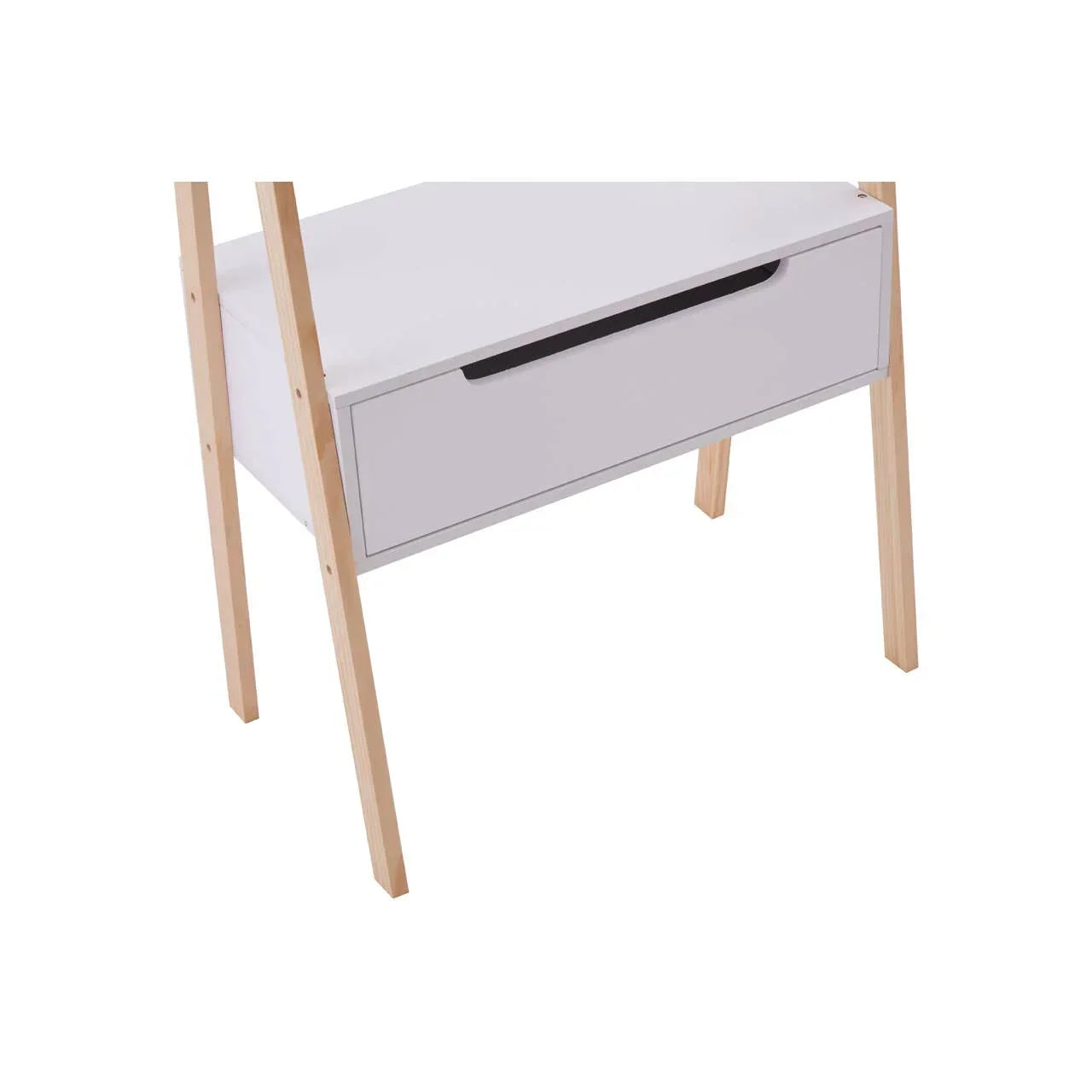 White storage drawer unit with light wood legs, close-up front view