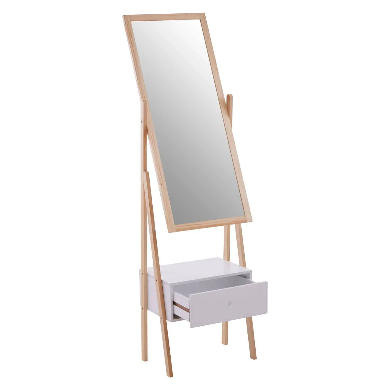 Standing dressing mirror with light wood frame and white storage drawer, open front view