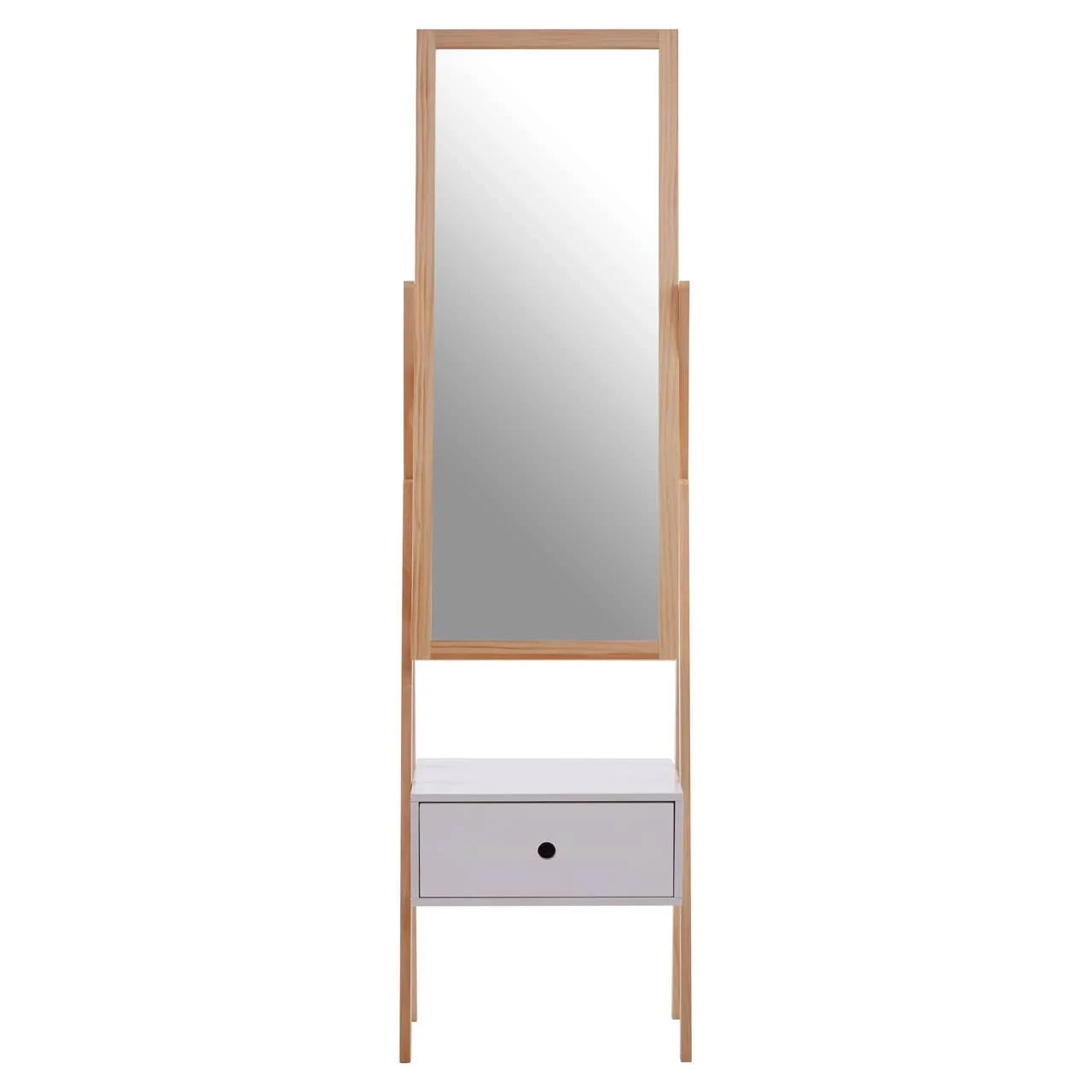 Full length wooden dressing mirror with white storage drawer and natural frame