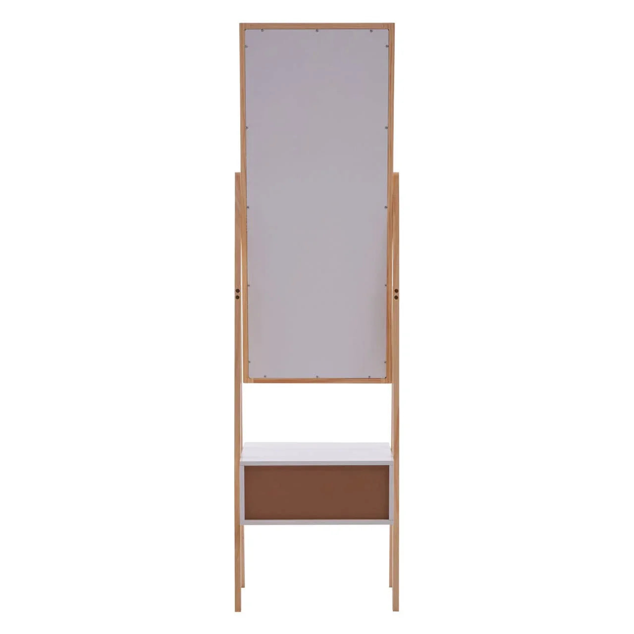 Back view of wooden dressing table with rectangular mirror and single storage drawer