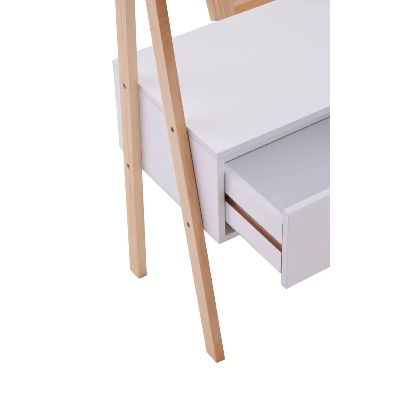 White wooden desk with natural wood legs and open storage drawer