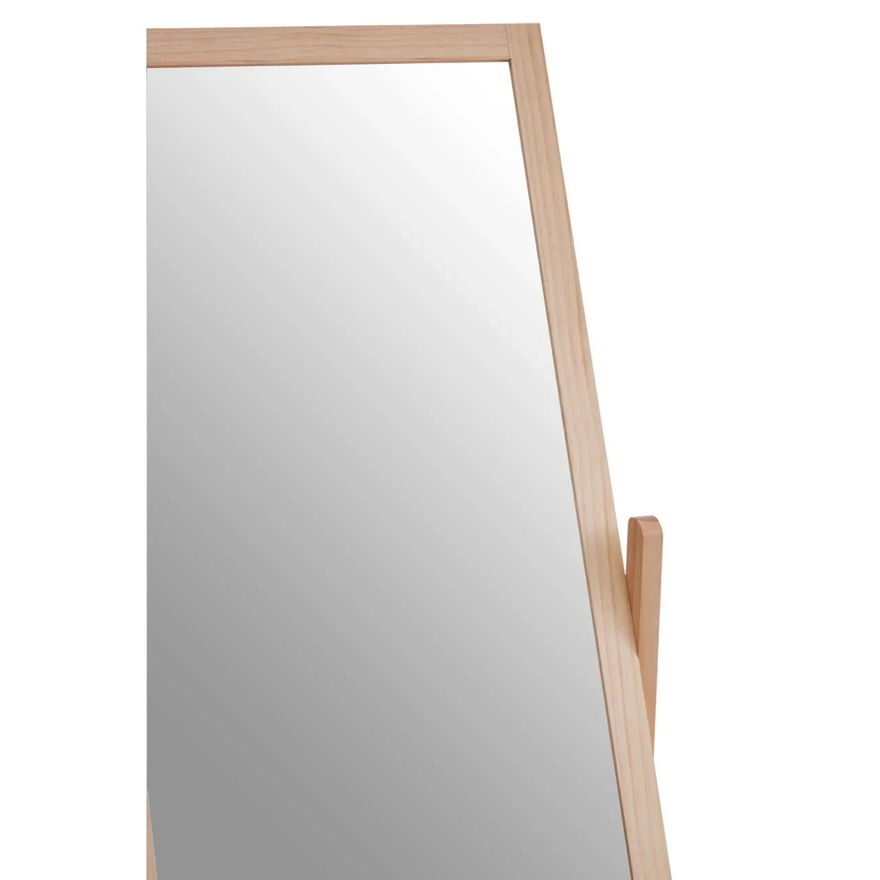 Light wood frame standing mirror with visible support leg, angled side view