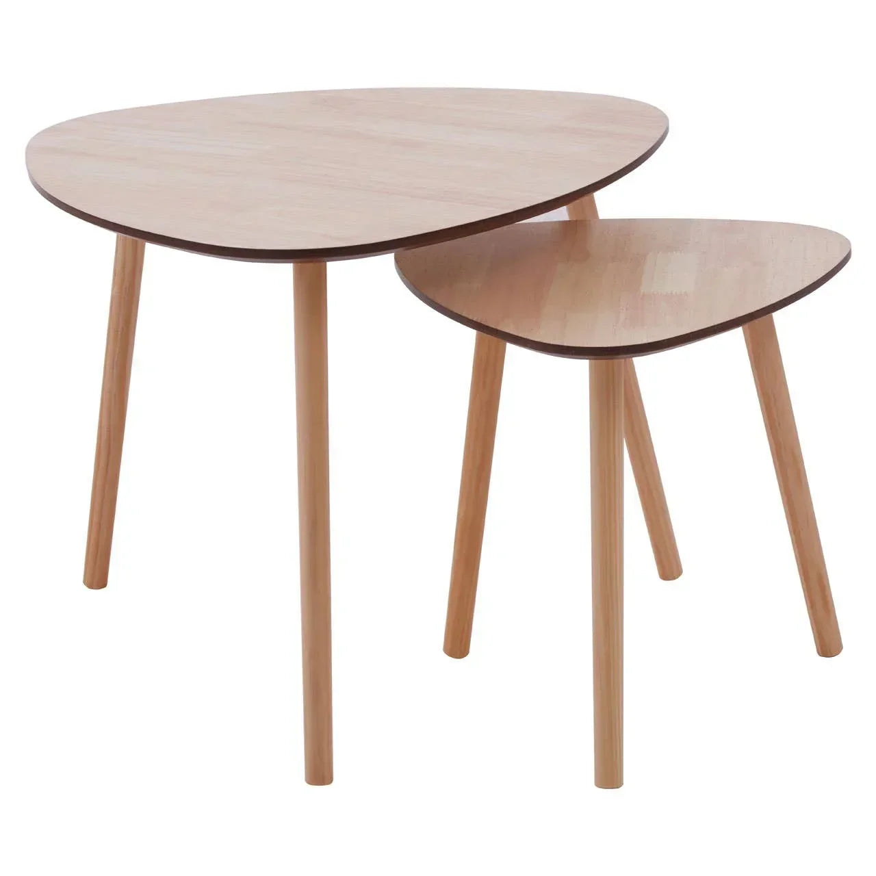 Set of two wooden nesting tables with triangular tops and angled legs