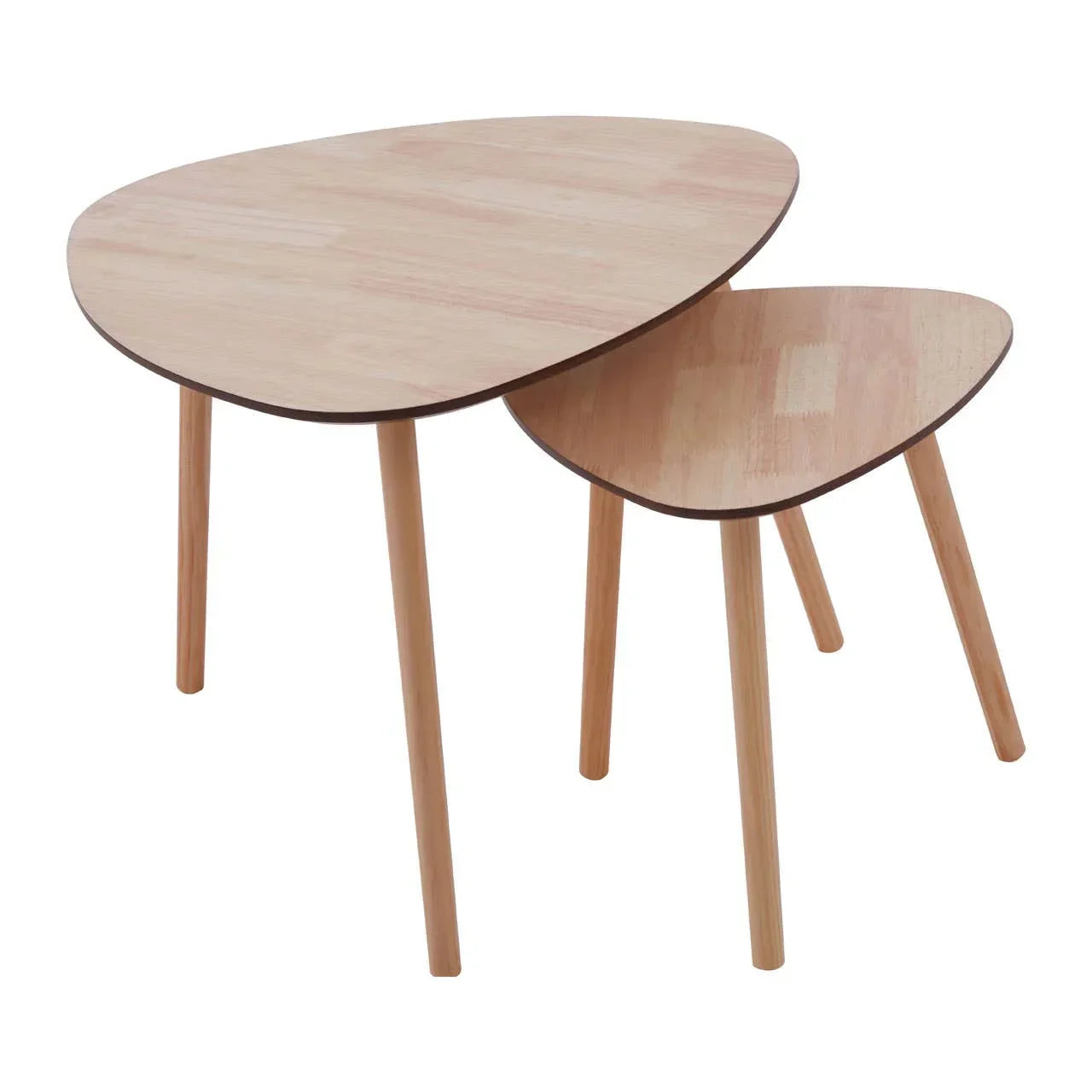 Set of two wooden nesting tables with light oak finish and angled legs