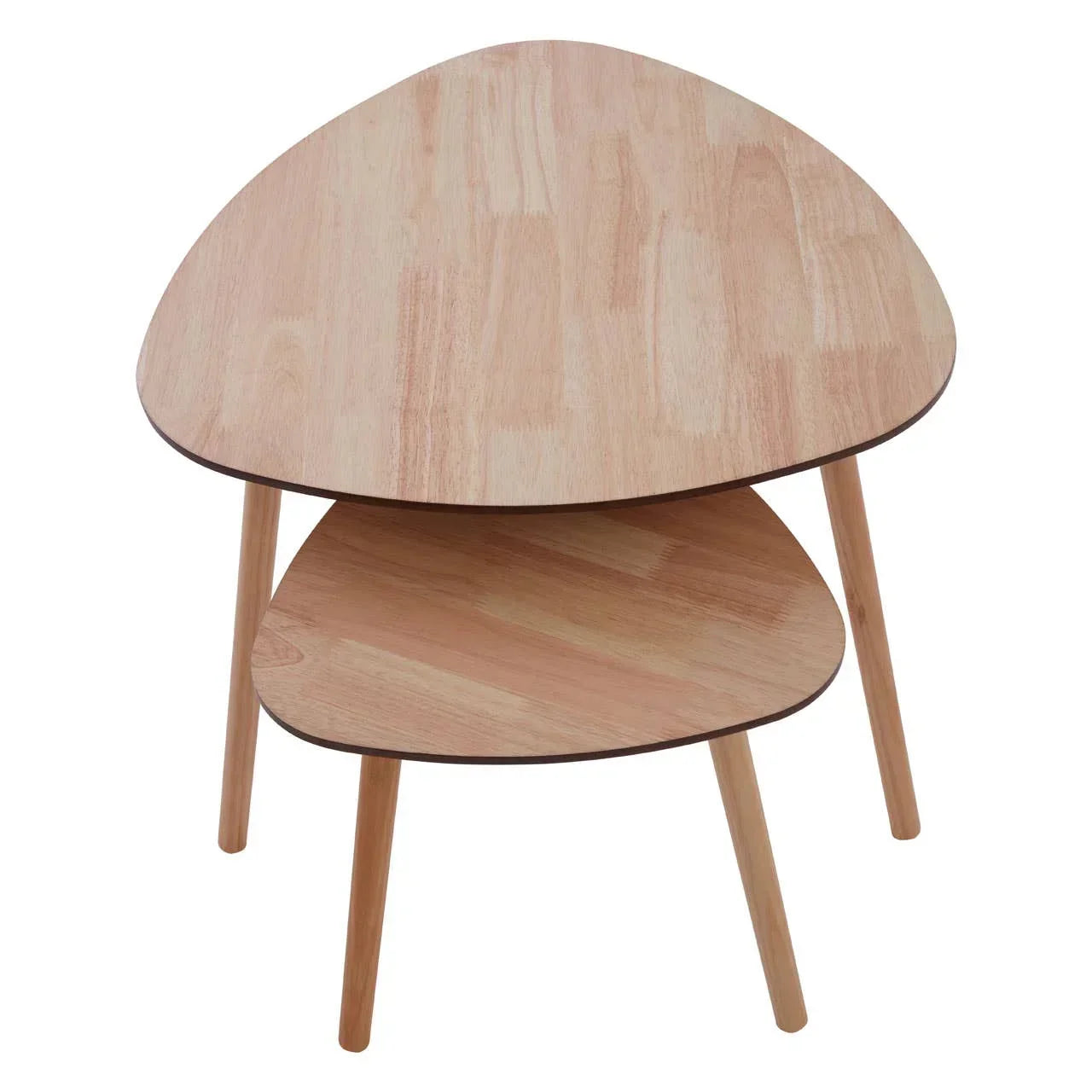Light wood nesting side tables with rounded triangular tops and three angled legs