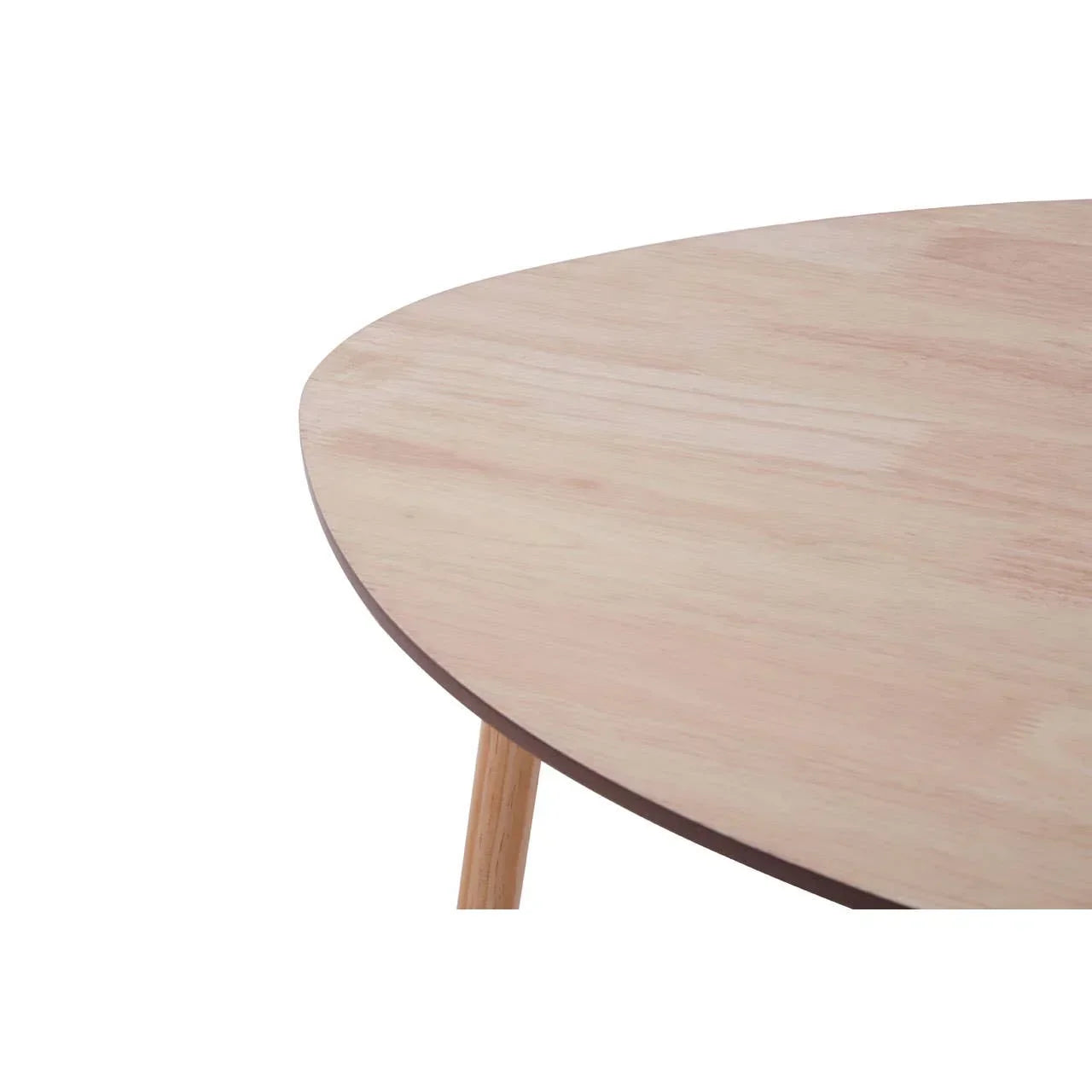 Light wood dining table corner with rounded edge and angled wooden leg