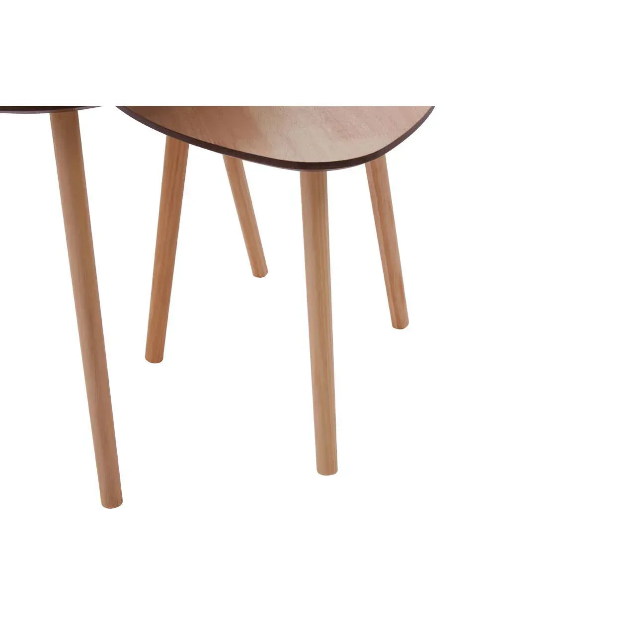 Closeup of wooden coffee table legs and laminated tabletop on white background