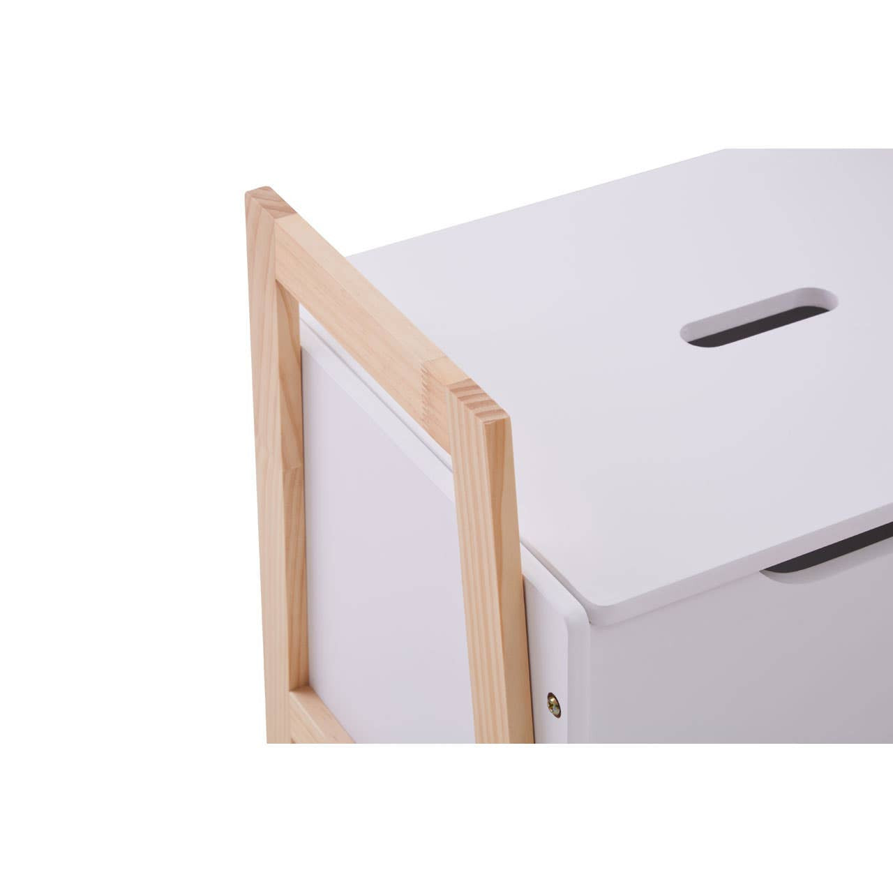 White storage box with a wooden handle, featuring a rectangular shape and a slot on the top for easy access. The box has a clean, minimalist design suitable for organizing various items