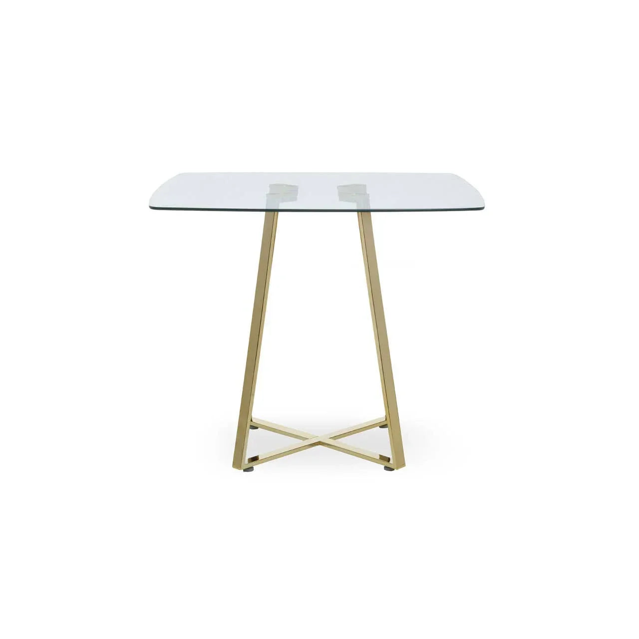 Square glass dining table with gold metal legs, modern minimalist design