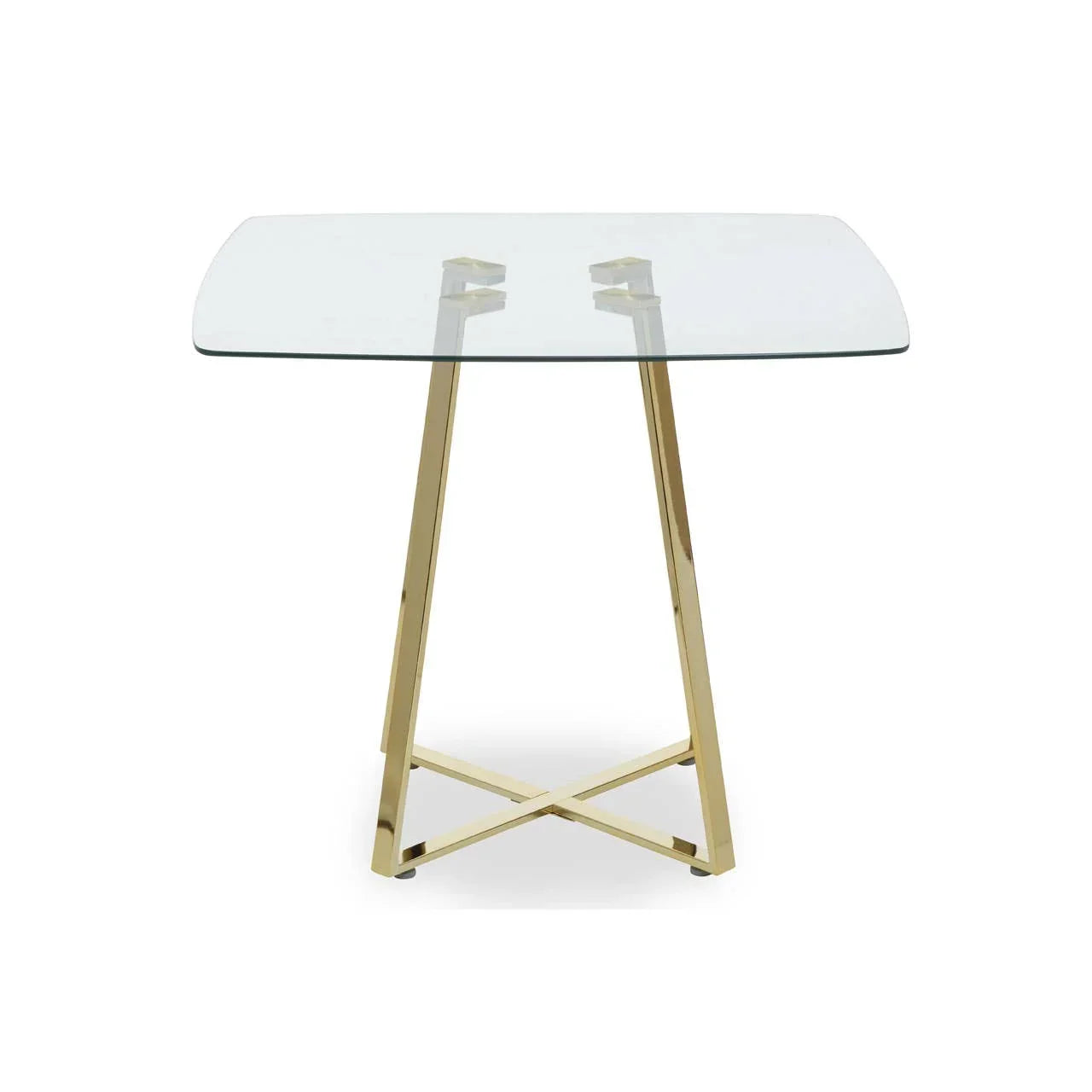 Square glass top dining table with gold metal legs and cross base