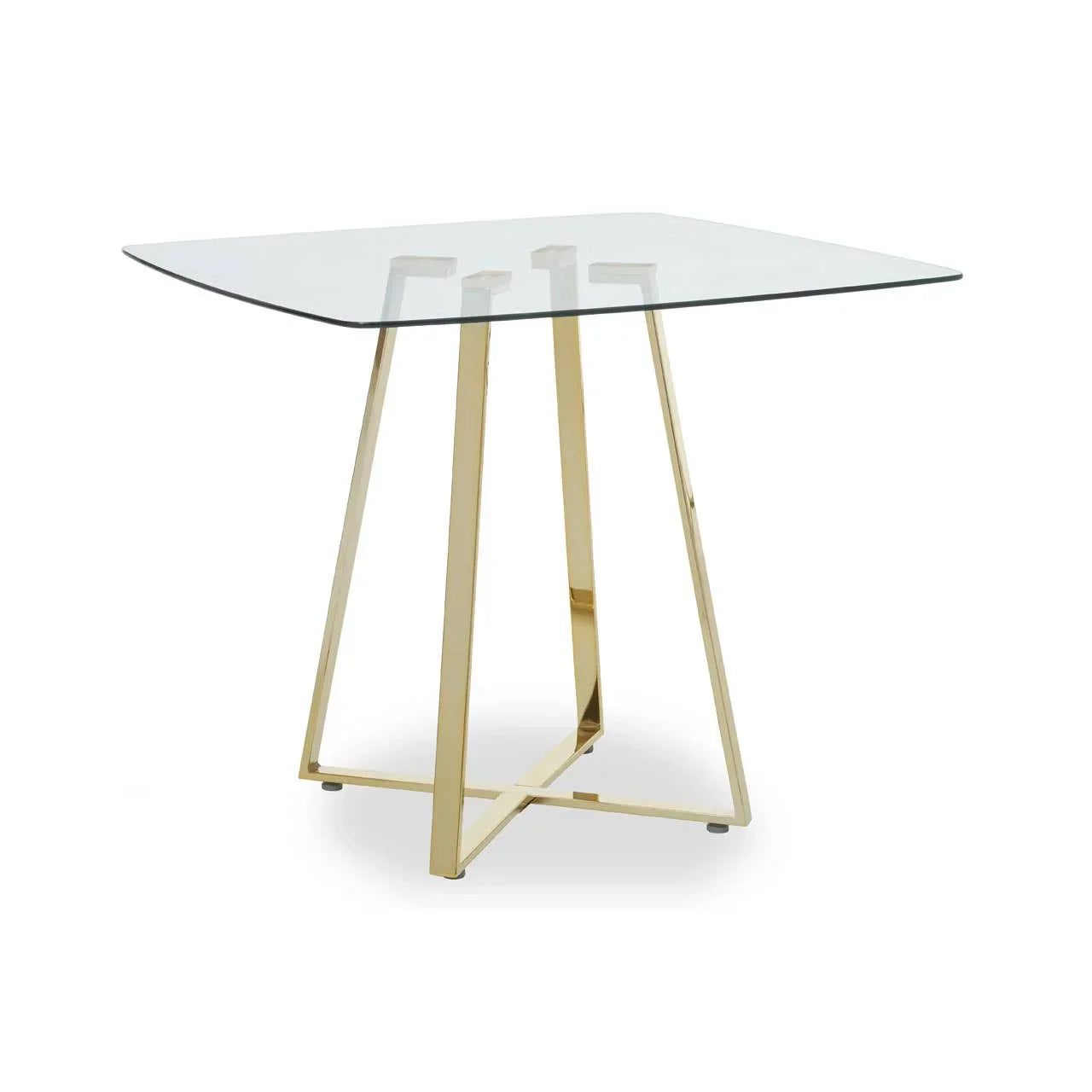 Square glass dining table with gold metal legs, modern minimalist design
