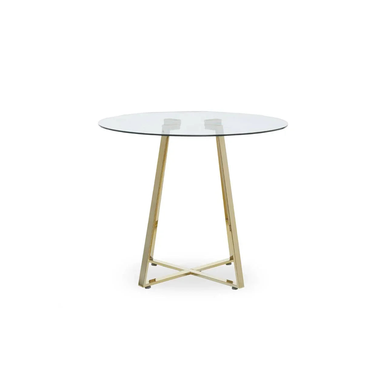 Round glass dining table with gold metal frame and cross base, front view