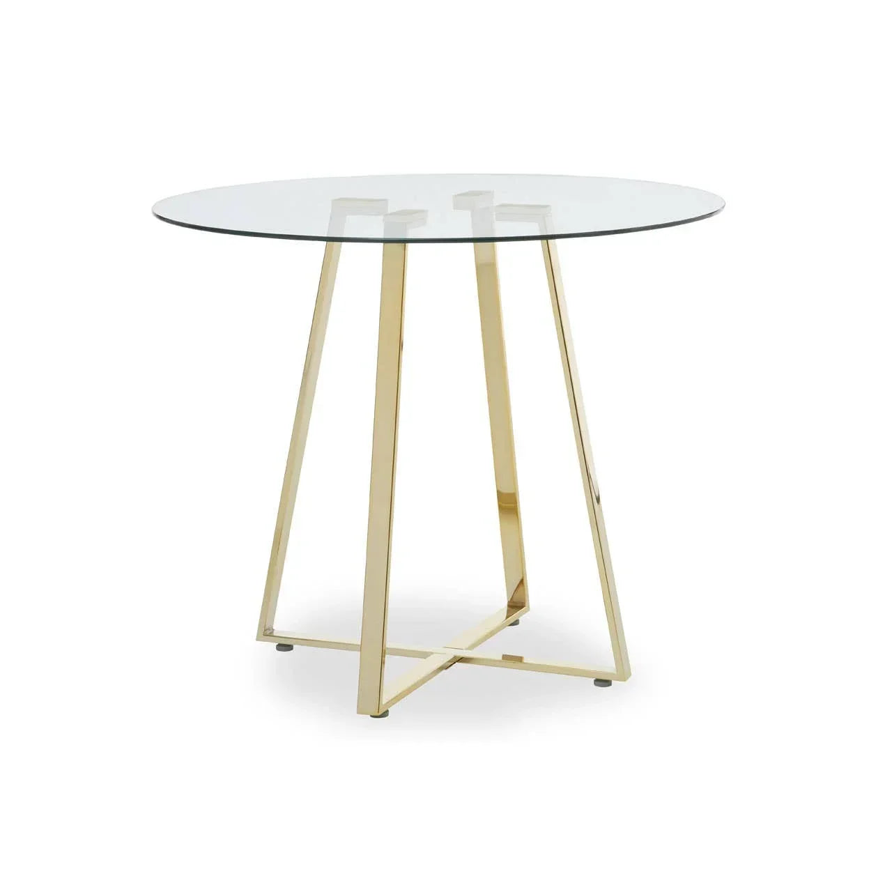 Round glass dining table with gold metal legs on white background