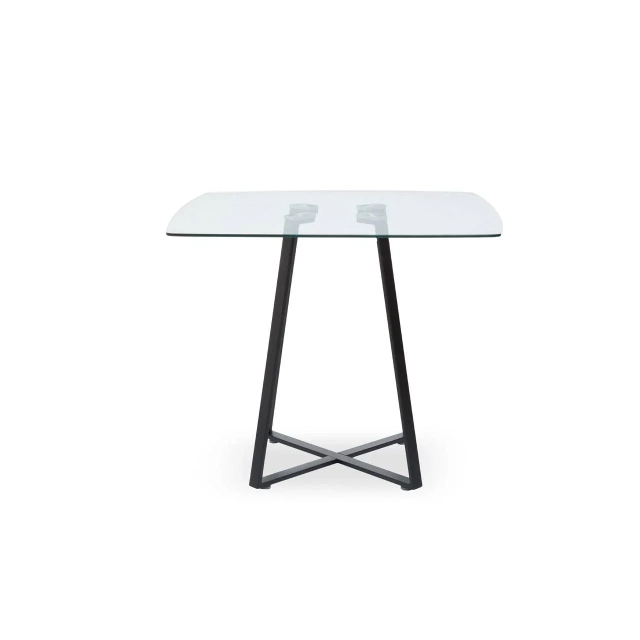 Square glass dining table with black metal legs and minimalist design