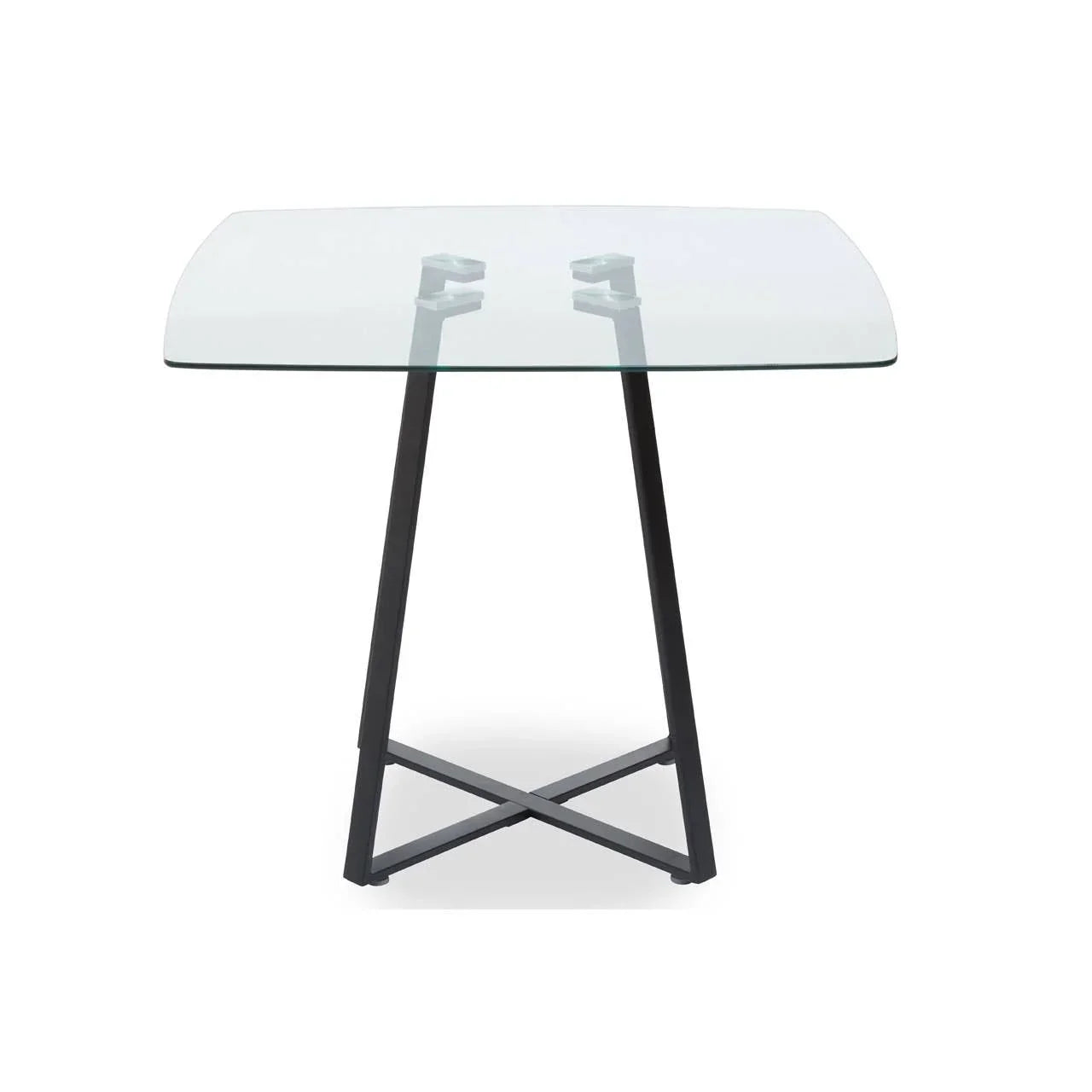 Square glass dining table with black crossed metal legs