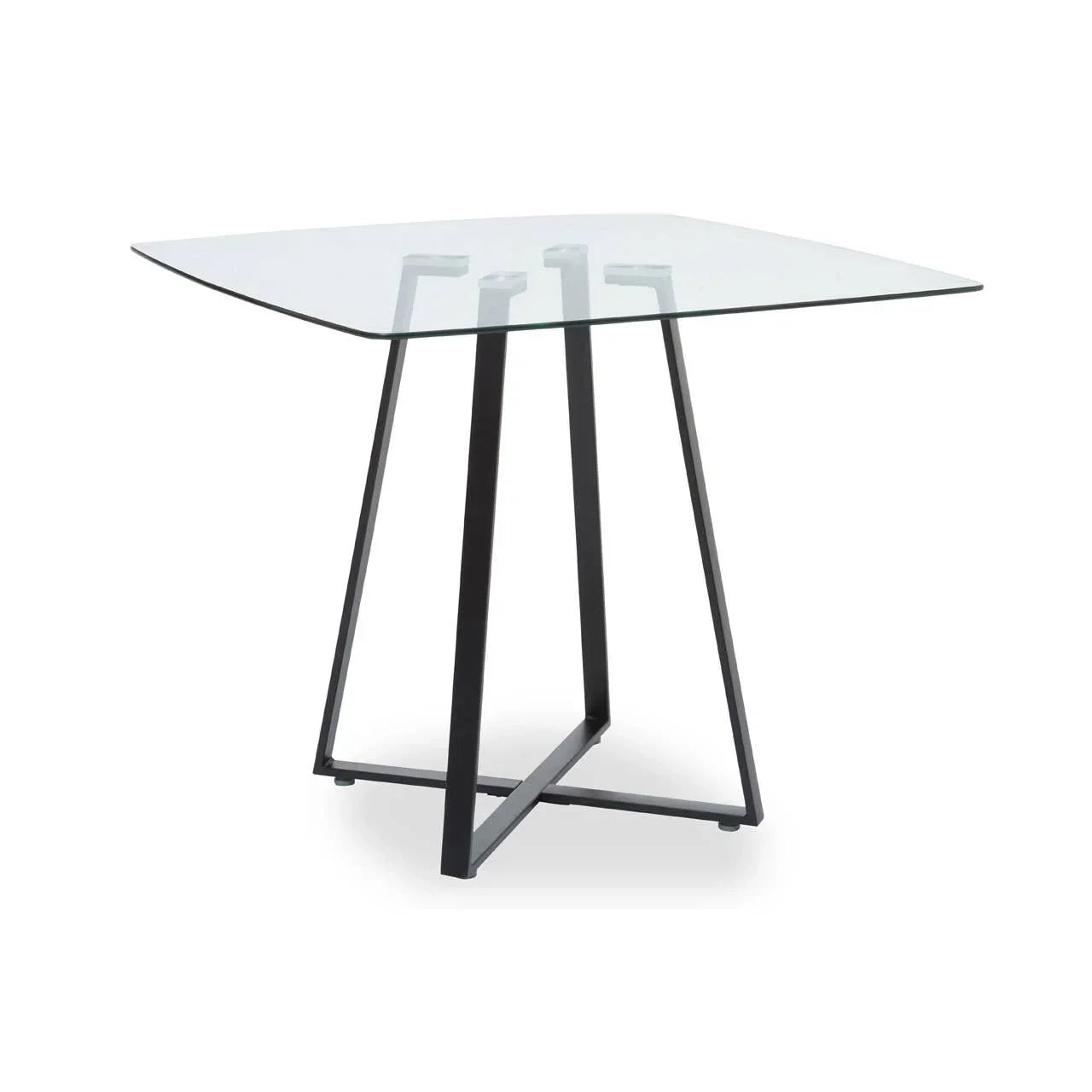 Square glass dining table with black metal frame and angled legs