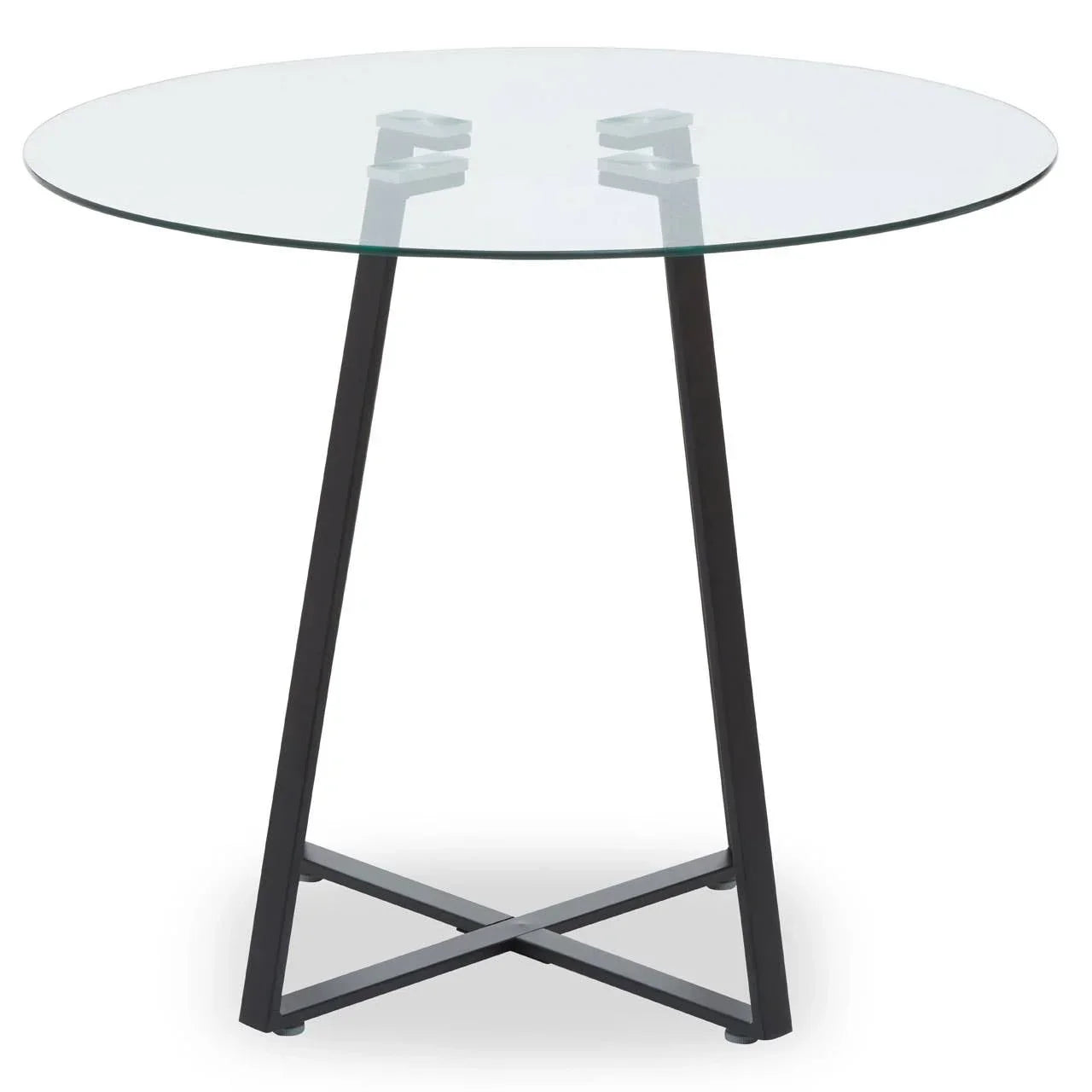 Round glass dining table with black metal legs and cross base