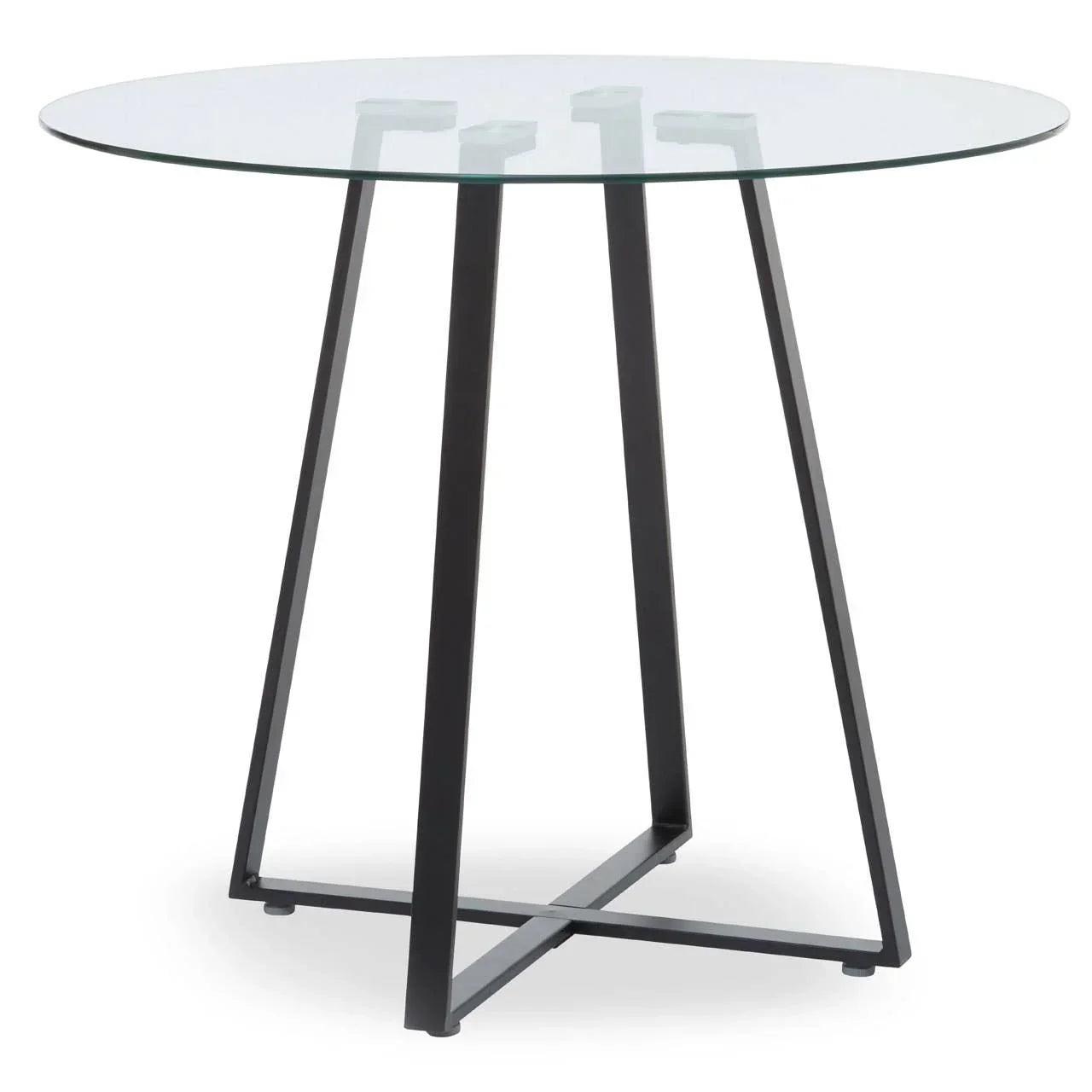Round glass dining table with black metal legs and minimalist design