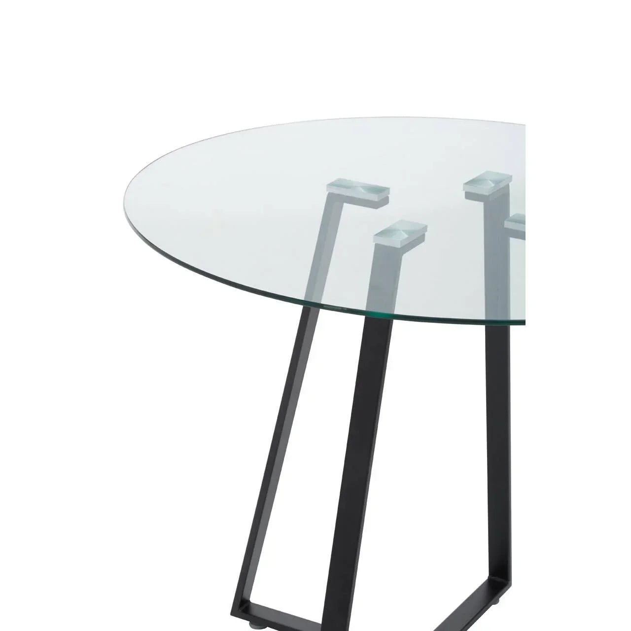 Glass dining table with round top and black metal angled legs