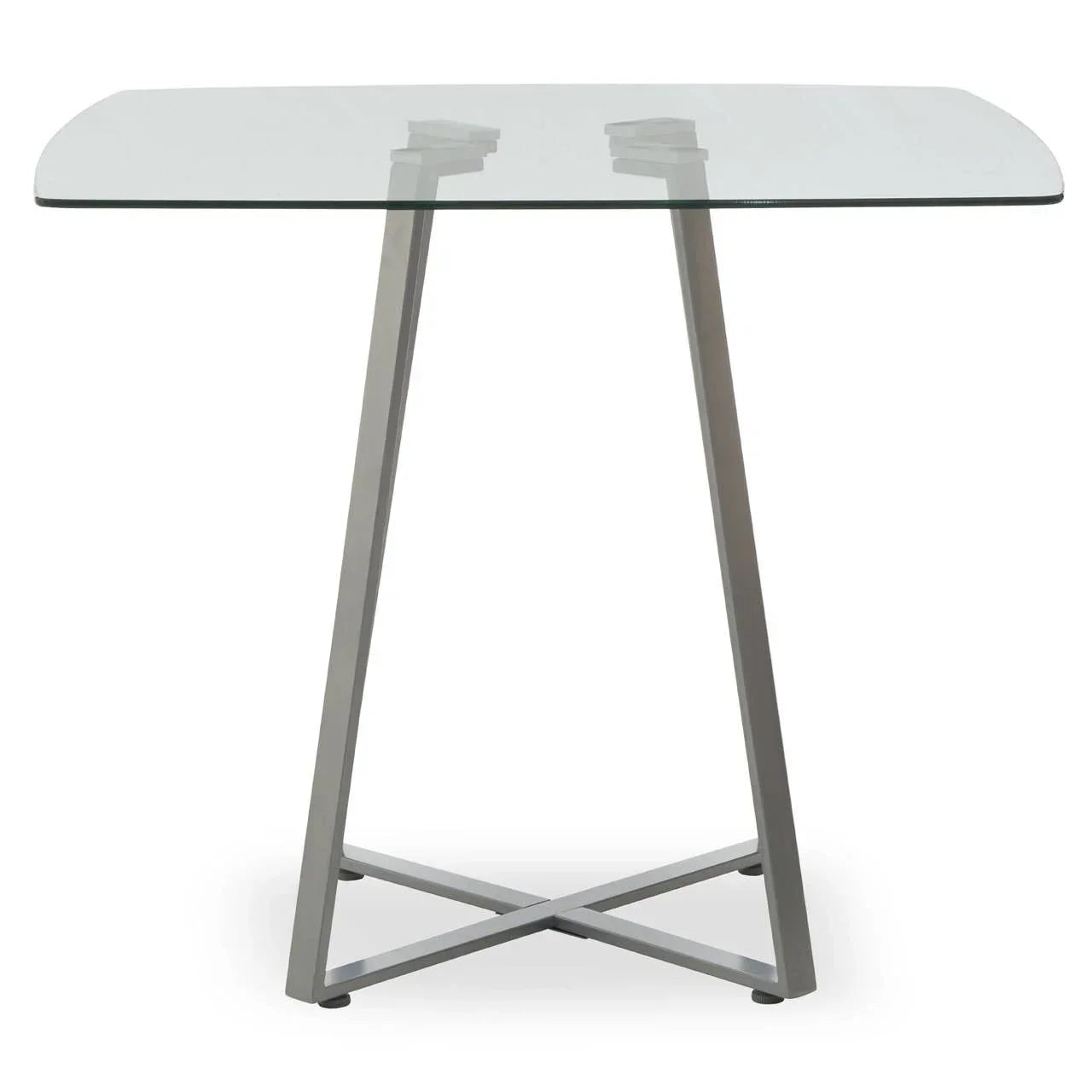 Glass top dining table with metal legs and cross base, photographed from the front