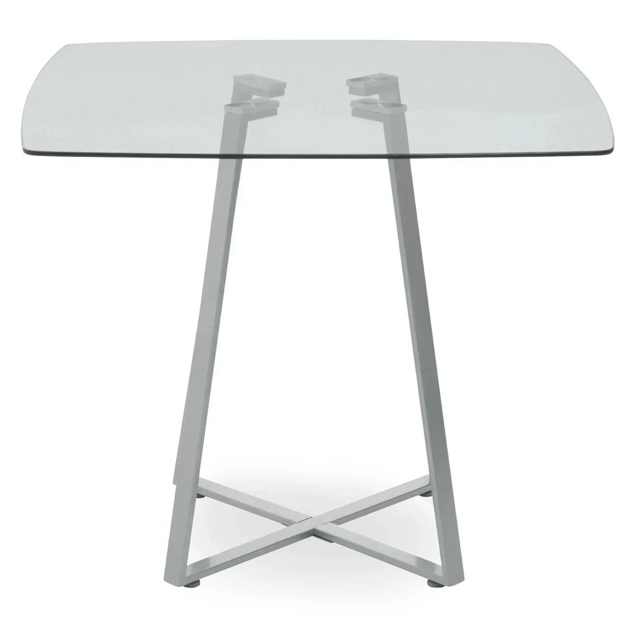 Glass dining table with square top and metal crossed legs, front view