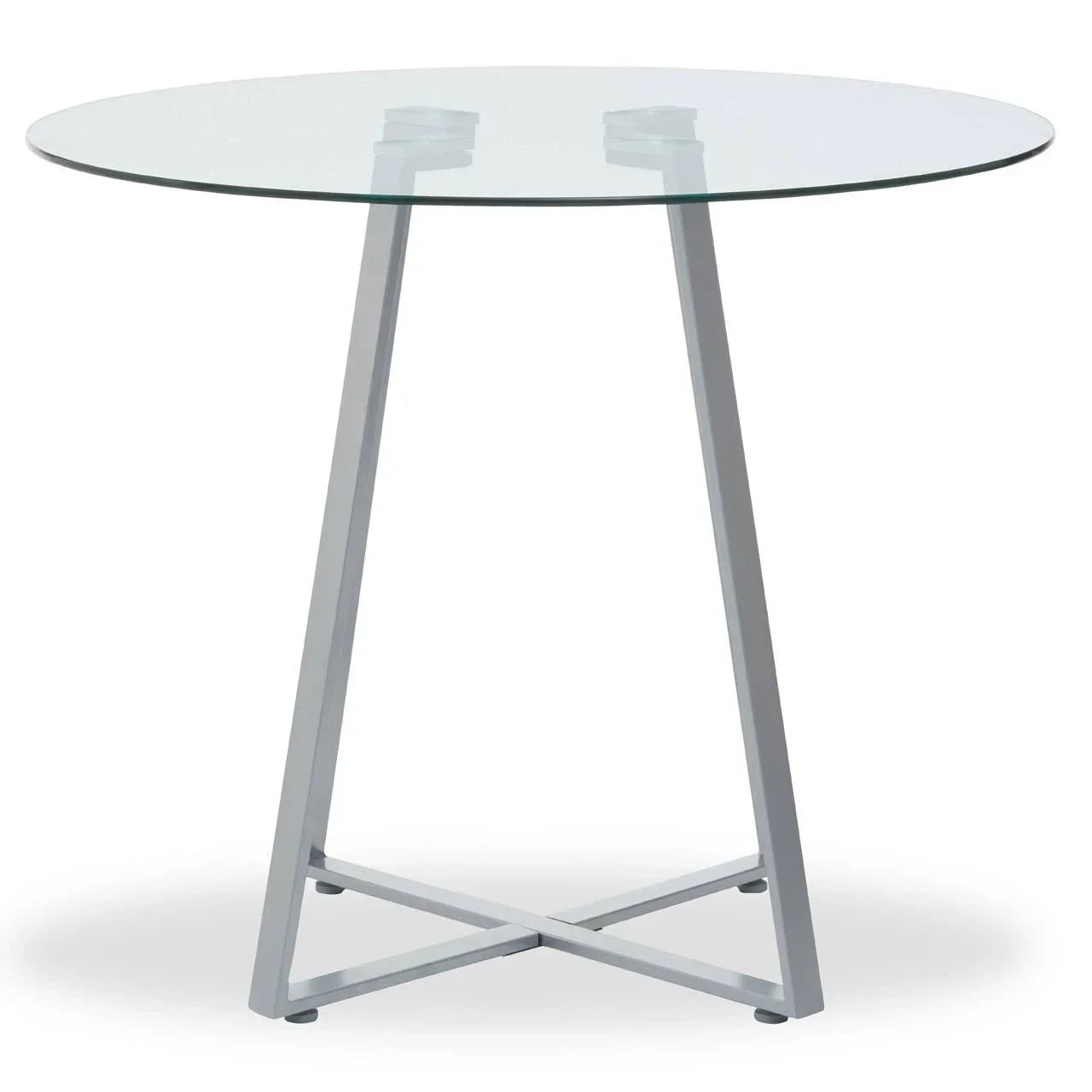 Round glass dining table with silver metal legs and modern cross base