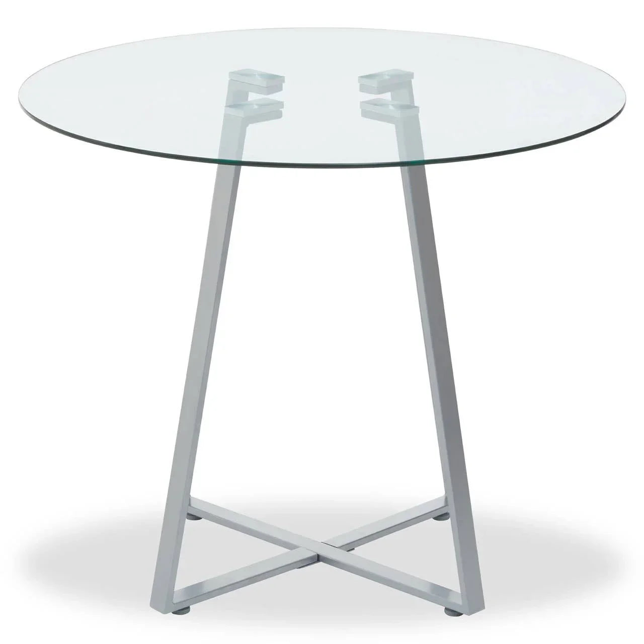 Round glass dining table with silver metal crossed legs