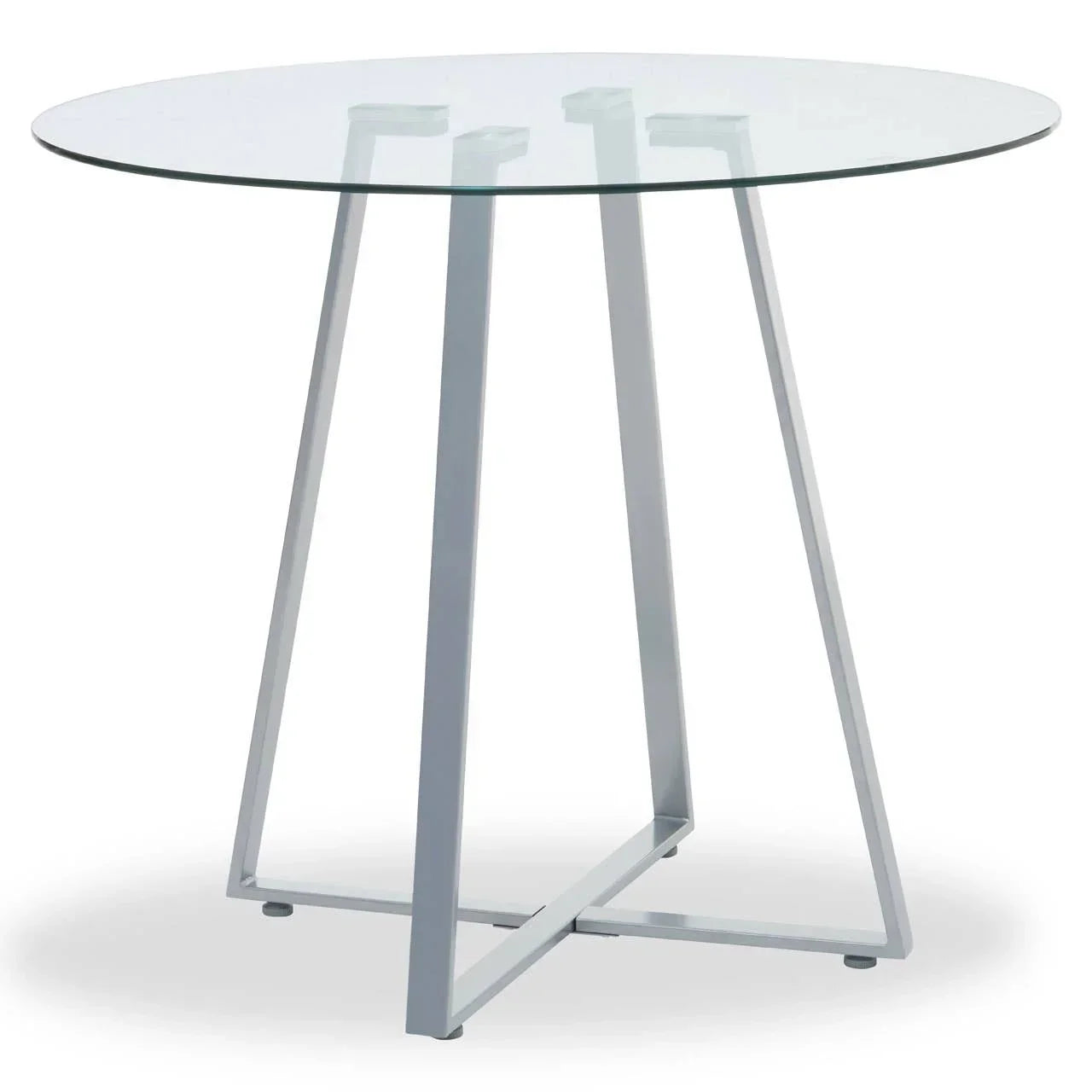 Round glass dining table with modern metal legs, shown from side angle