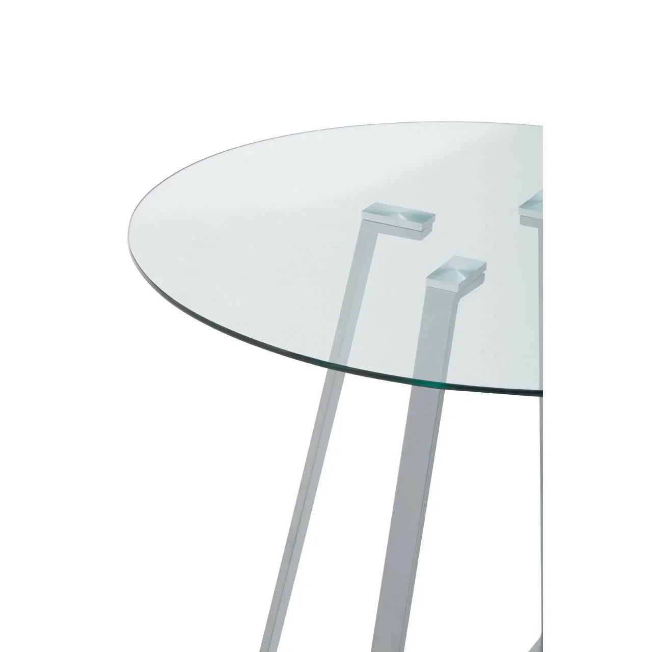 Round glass dining table top with metal legs and minimal modern design