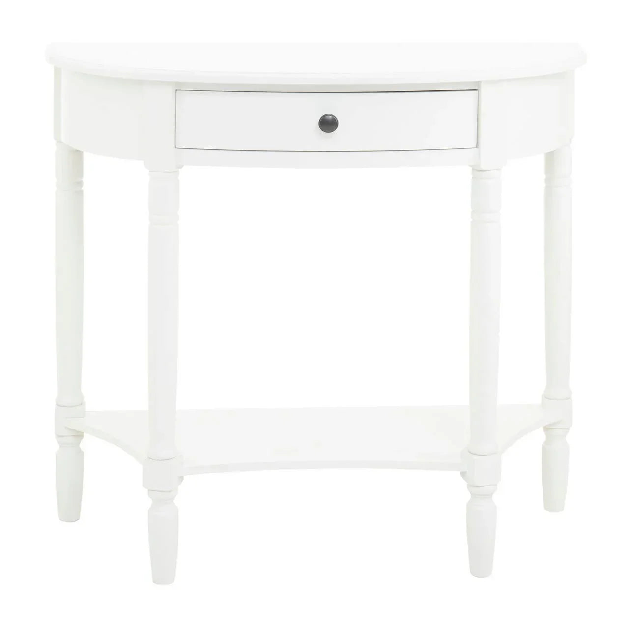 White hallway console table with single drawer and lower shelf, shown from the front