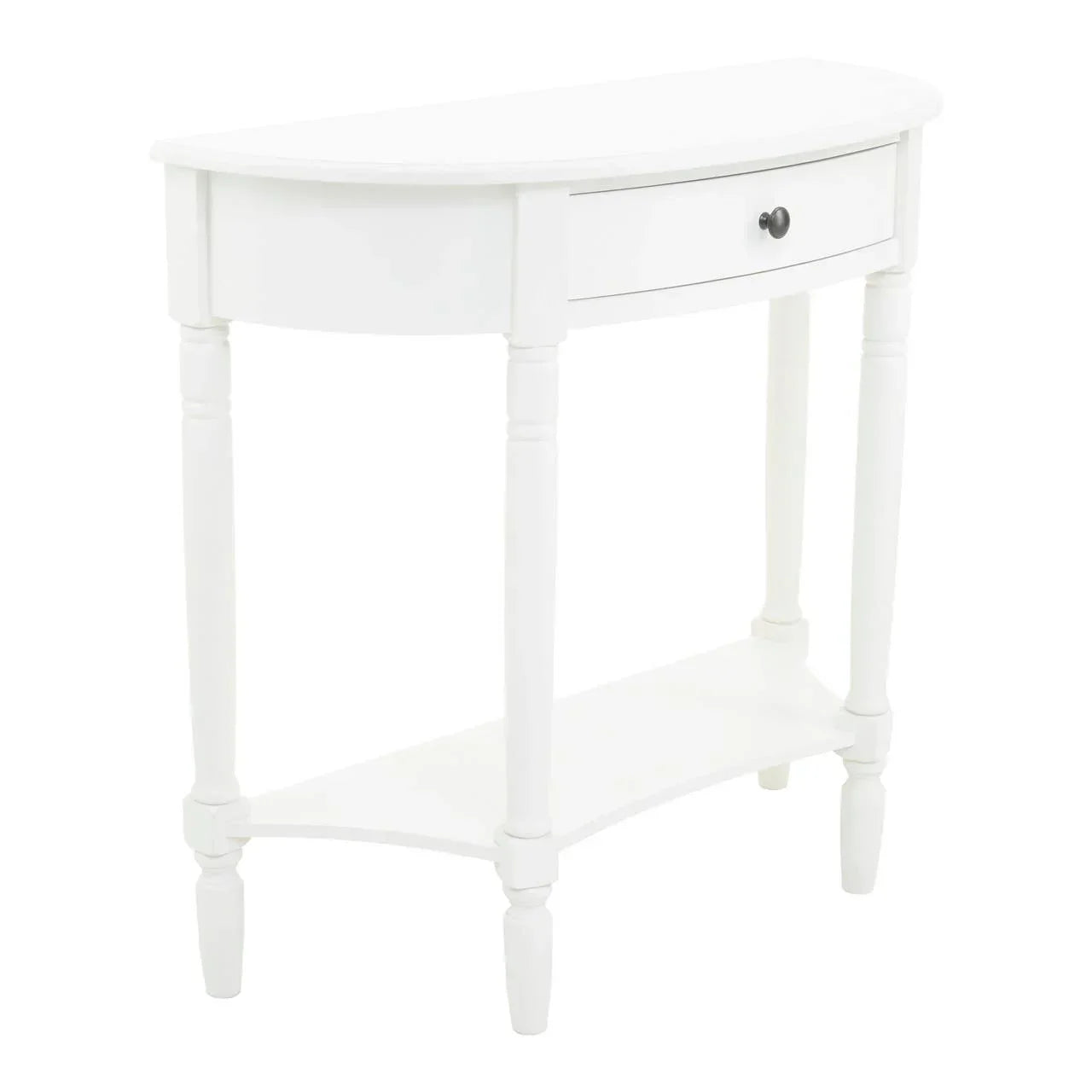 White hallway console table with drawer, black handle and lower shelf, front angle view