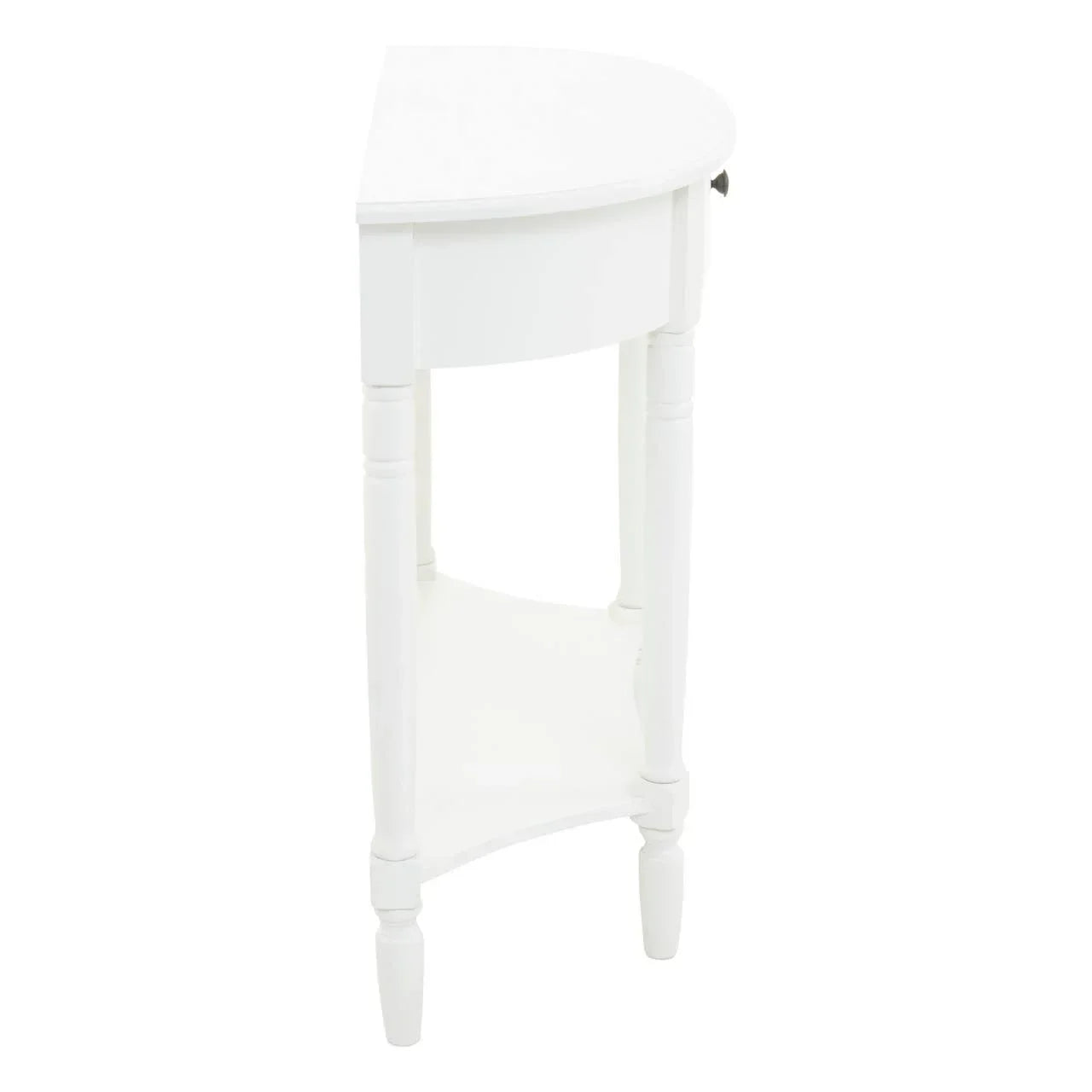 White wooden half-moon console table with lower shelf, side view