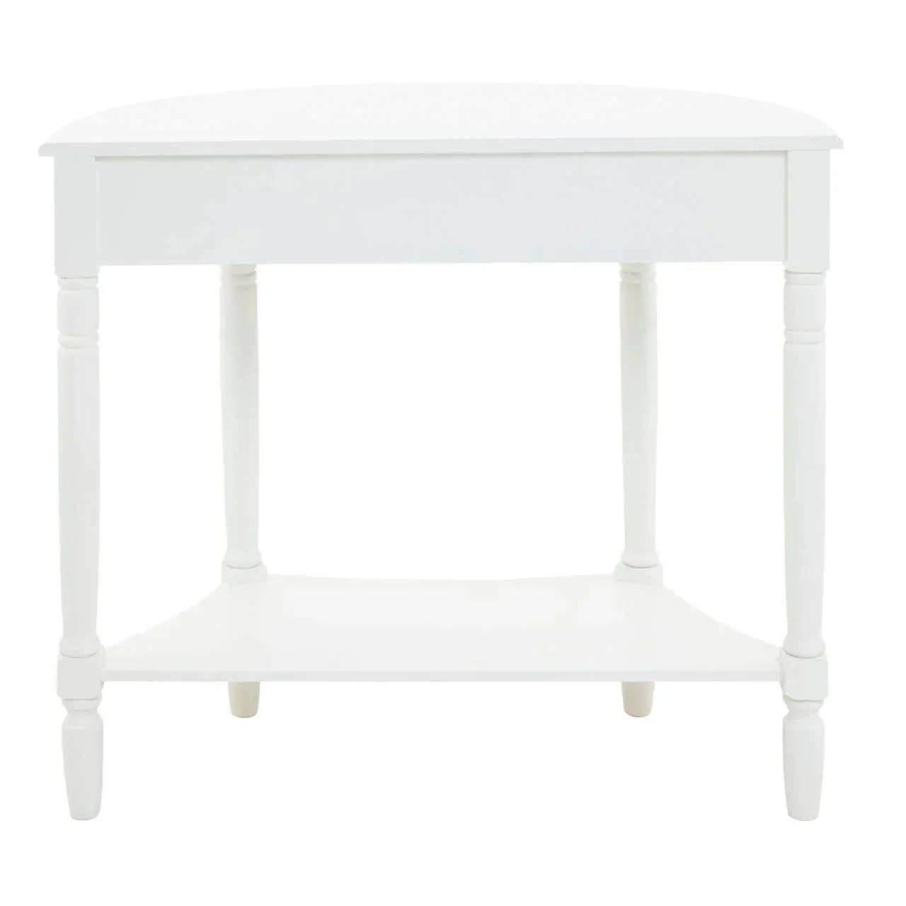 White wooden side table with lower shelf and four turned legs, front view