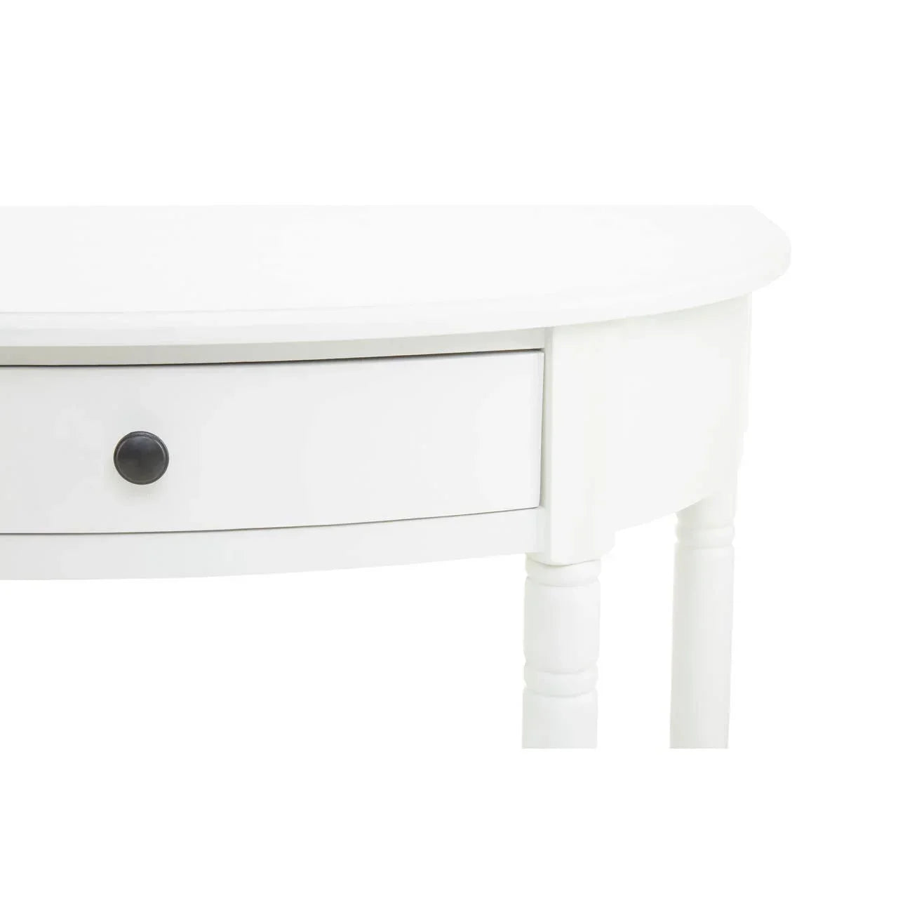 White half moon console table with single drawer and turned legs
