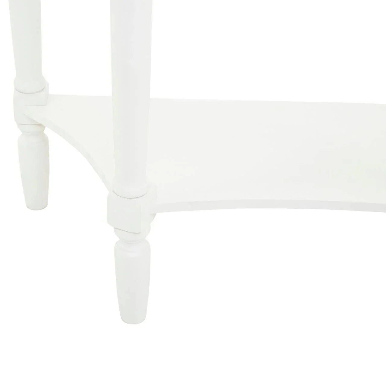 Closeup of white wooden table legs and lower shelf detail
